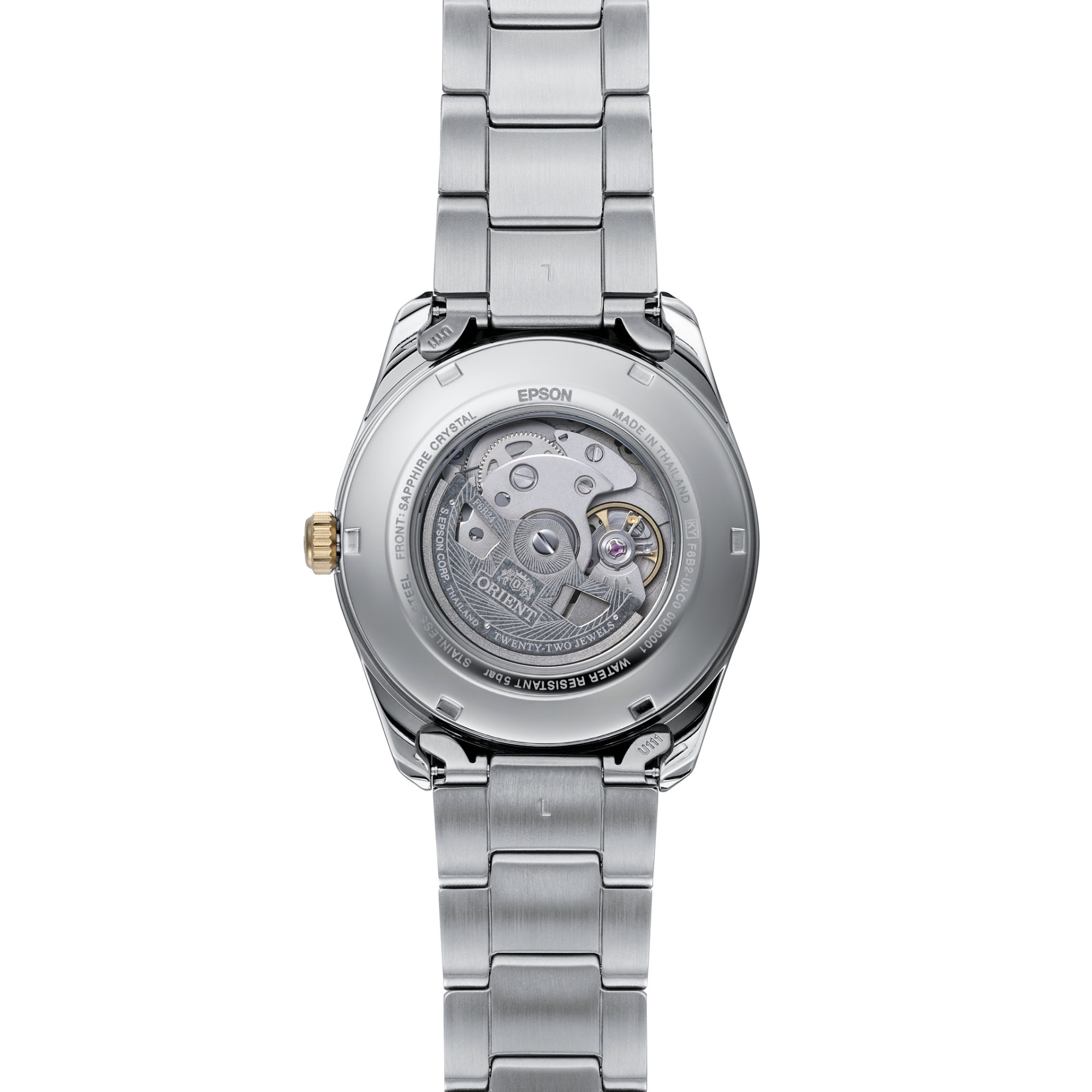 Orient Stretto RA-AK0312S30B exhibition caseback revealing automatic movement with stainless steel bracelet