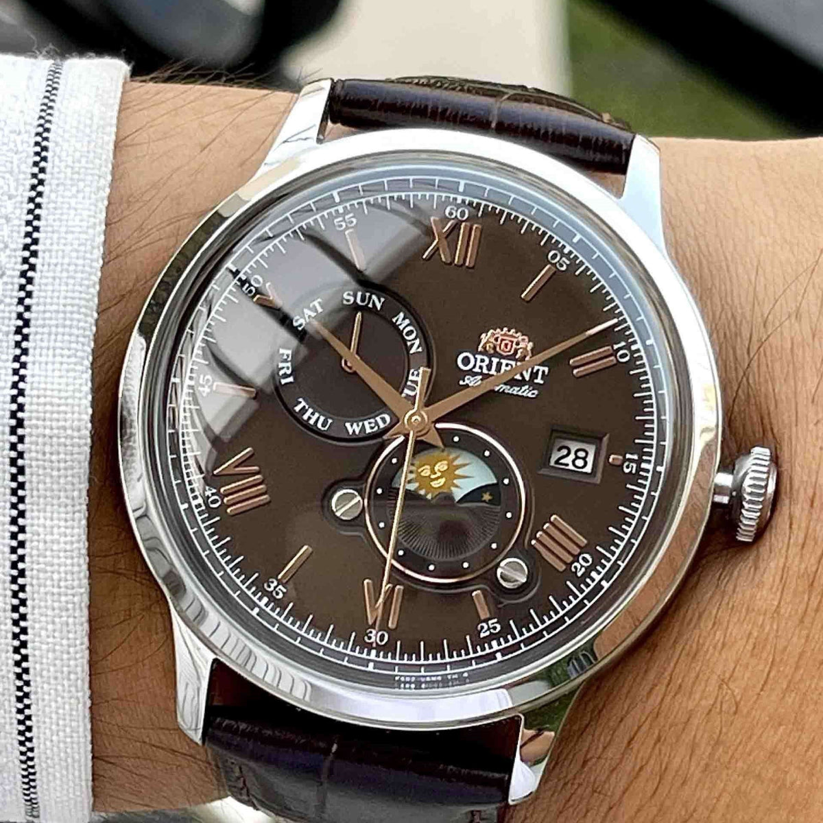 Orient Bambino 41.5mm Sun & Moon Brown Dial Leather Mens Automatic Watch RA-AK0804Y30B
