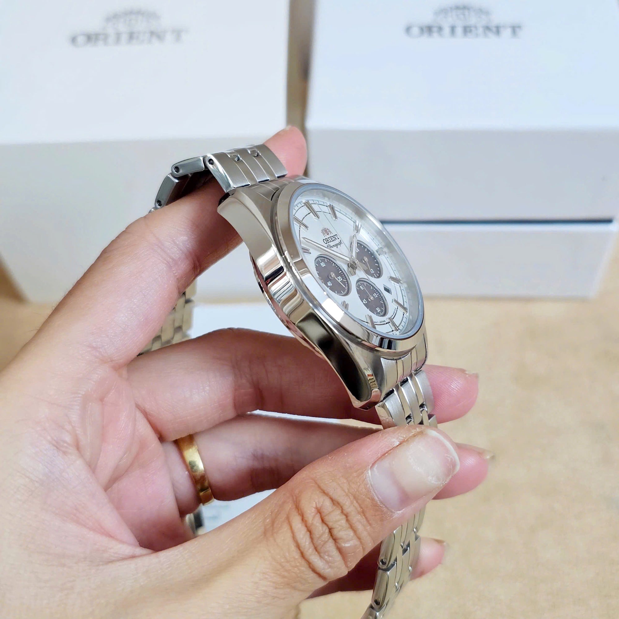 Orient Stretto 40mm Chronograph White Dial Steel Mens Solar Watch RA-TX0305S10B