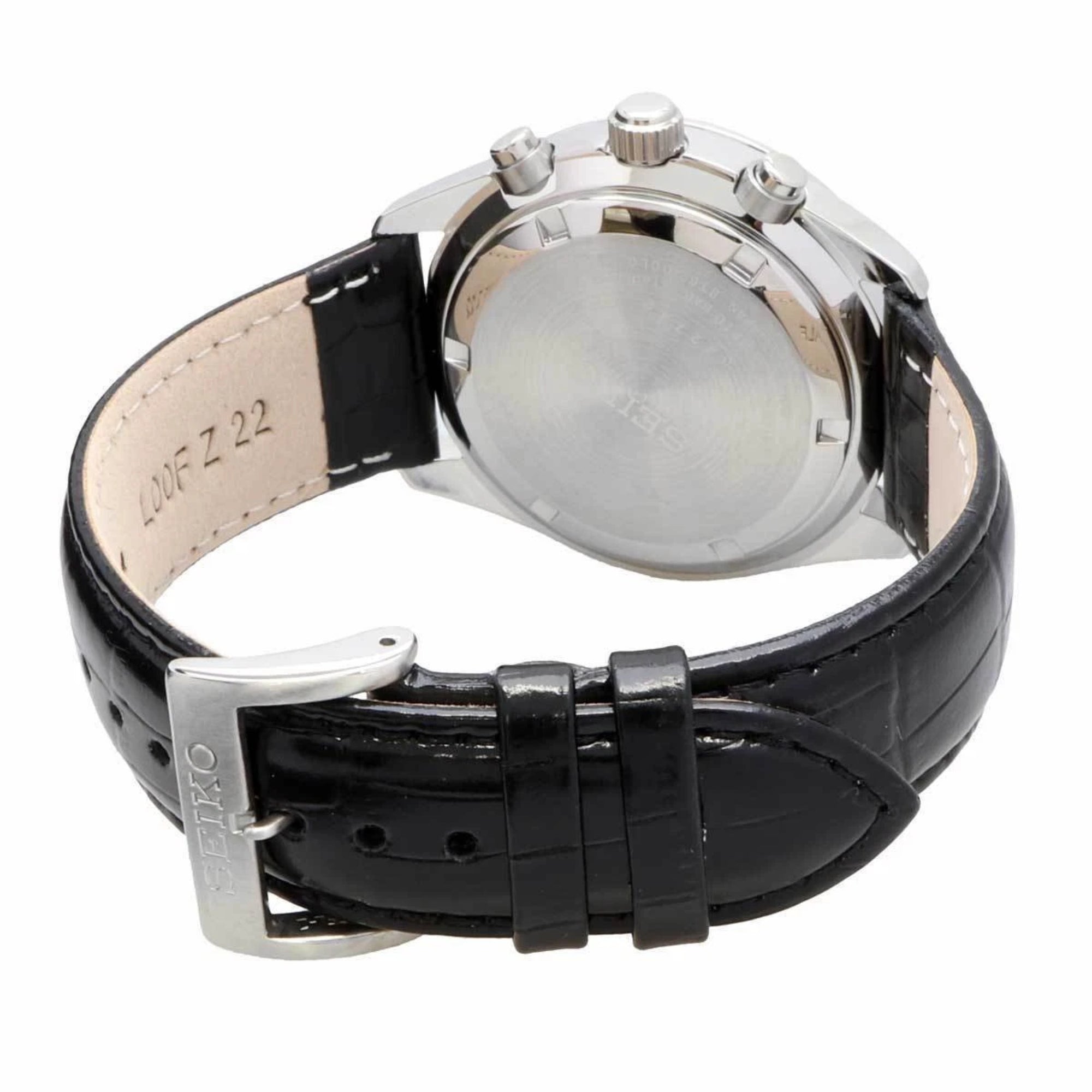 Seiko Essentials SSB383P1 black leather strap with buckle and stainless steel case back profile on white background