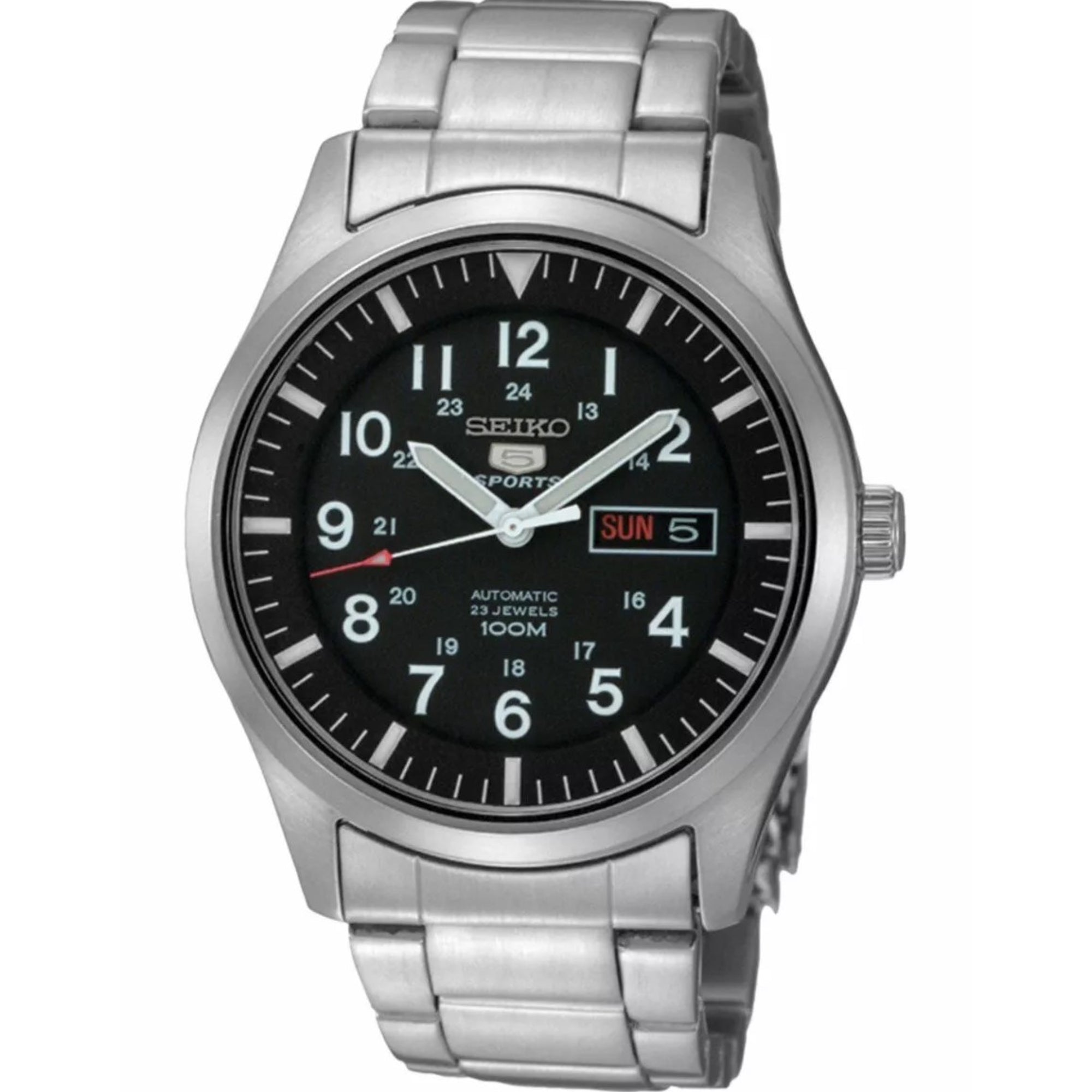 Seiko 5 Sports Militärfeld Automatik Schwarzes Zifferblatt Stahlarmband Herren Uhr SNZG13K1