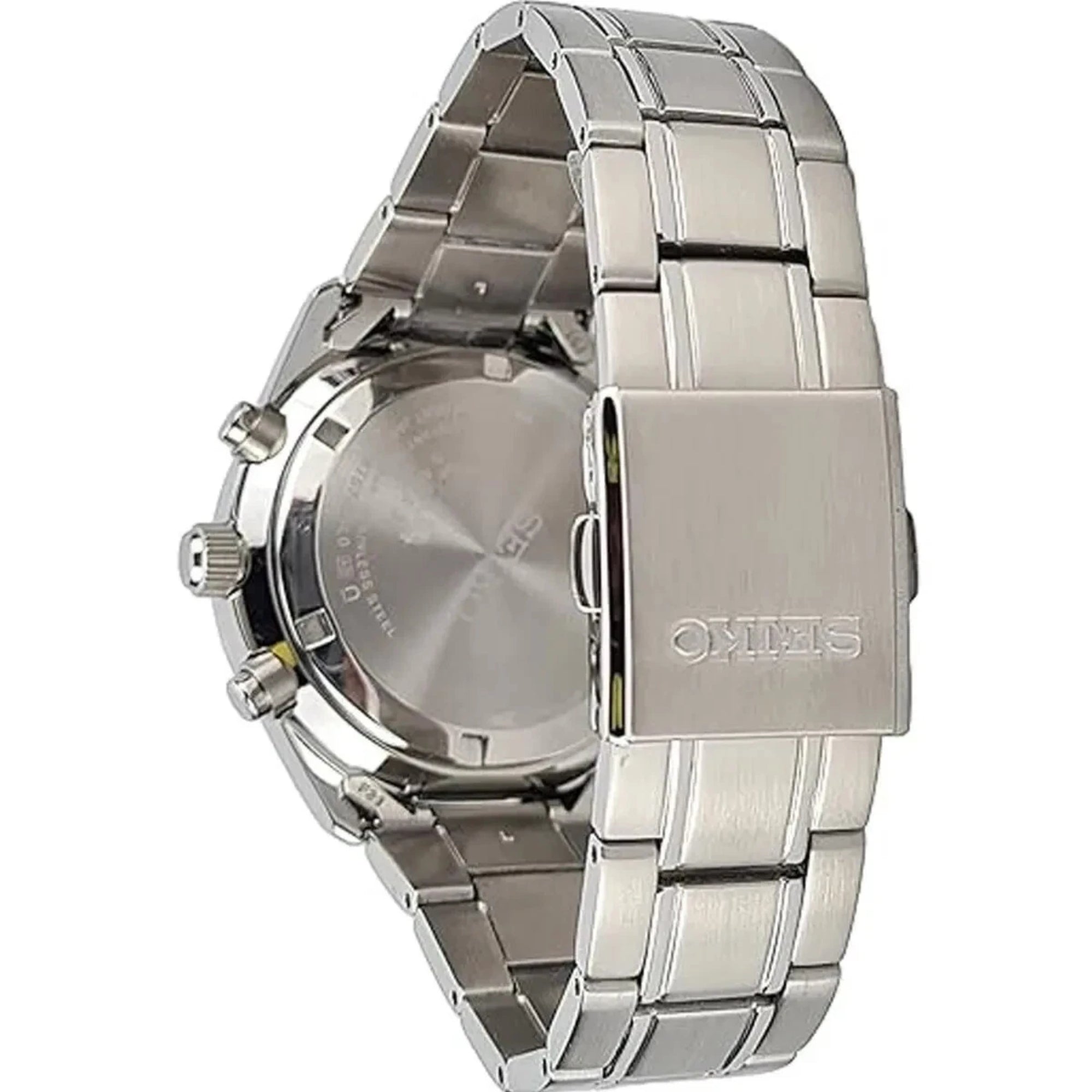 Seiko Essentials watch with stainless steel bracelet on a white background
