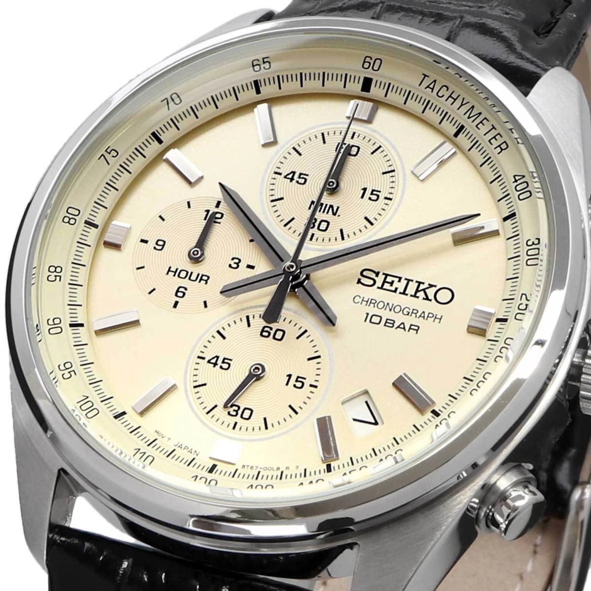 Close-up of Seiko SSB383P1 cream dial chronograph showing sub-dials and date window