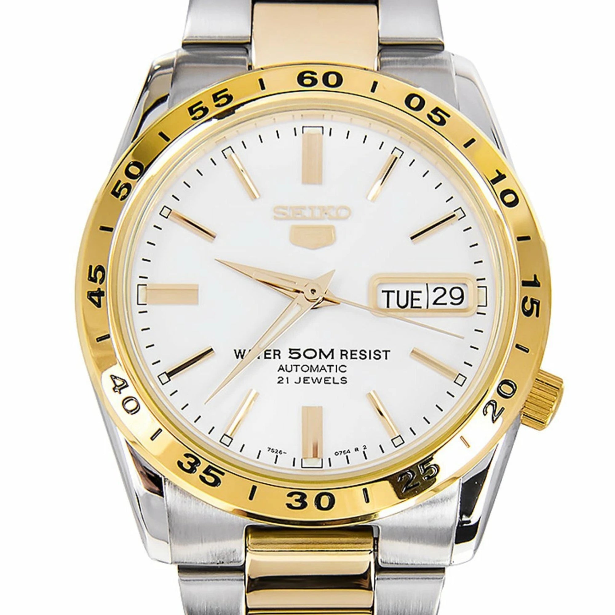 Seiko 5 Automatik Weißes Zifferblatt Zweifarbig Gold/Silber Edelstahl Herrenarmbanduhr SNKE04K1