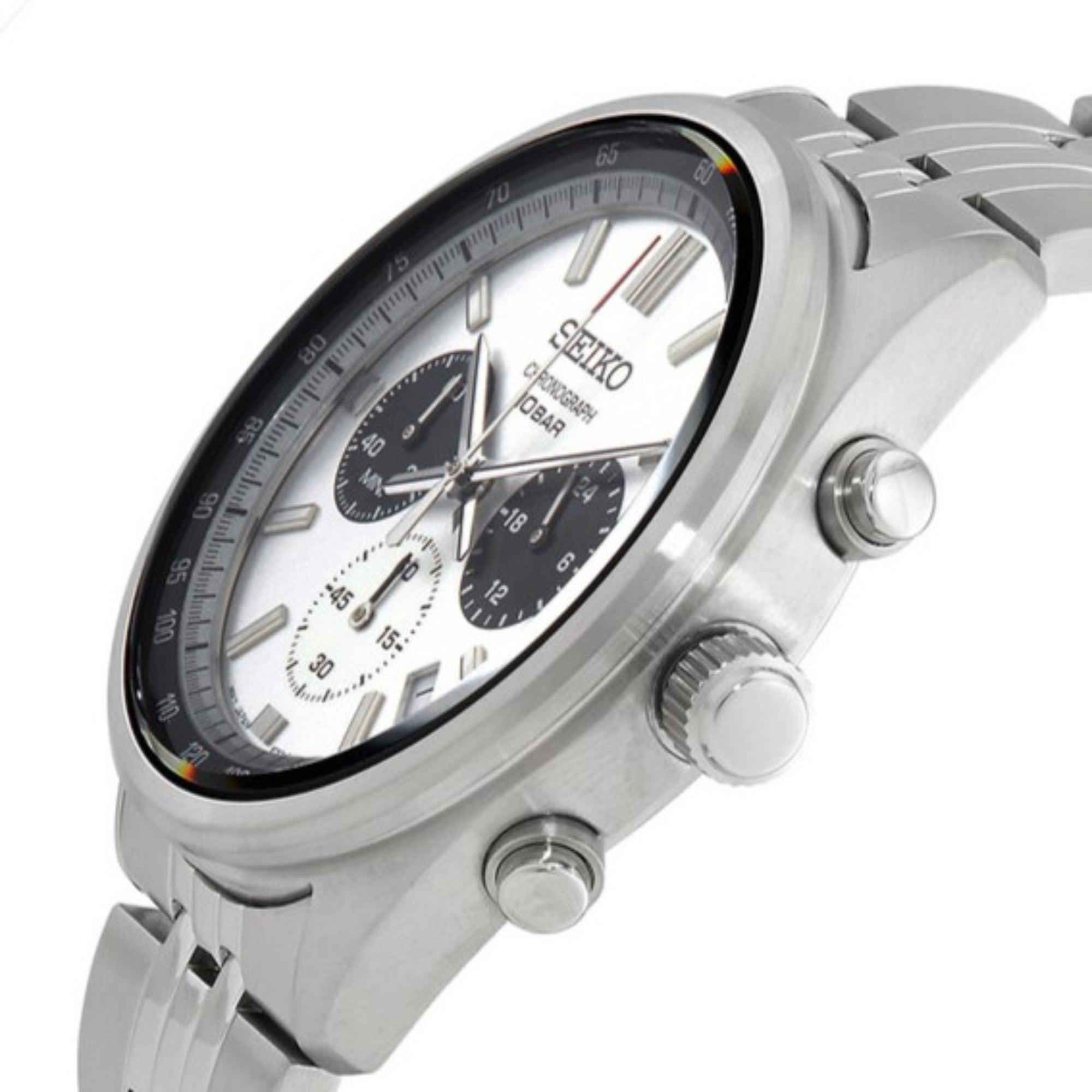 Seiko Essentials SSB425P1 Chronograph Panda Dial with stainless steel bracelet side view close-up