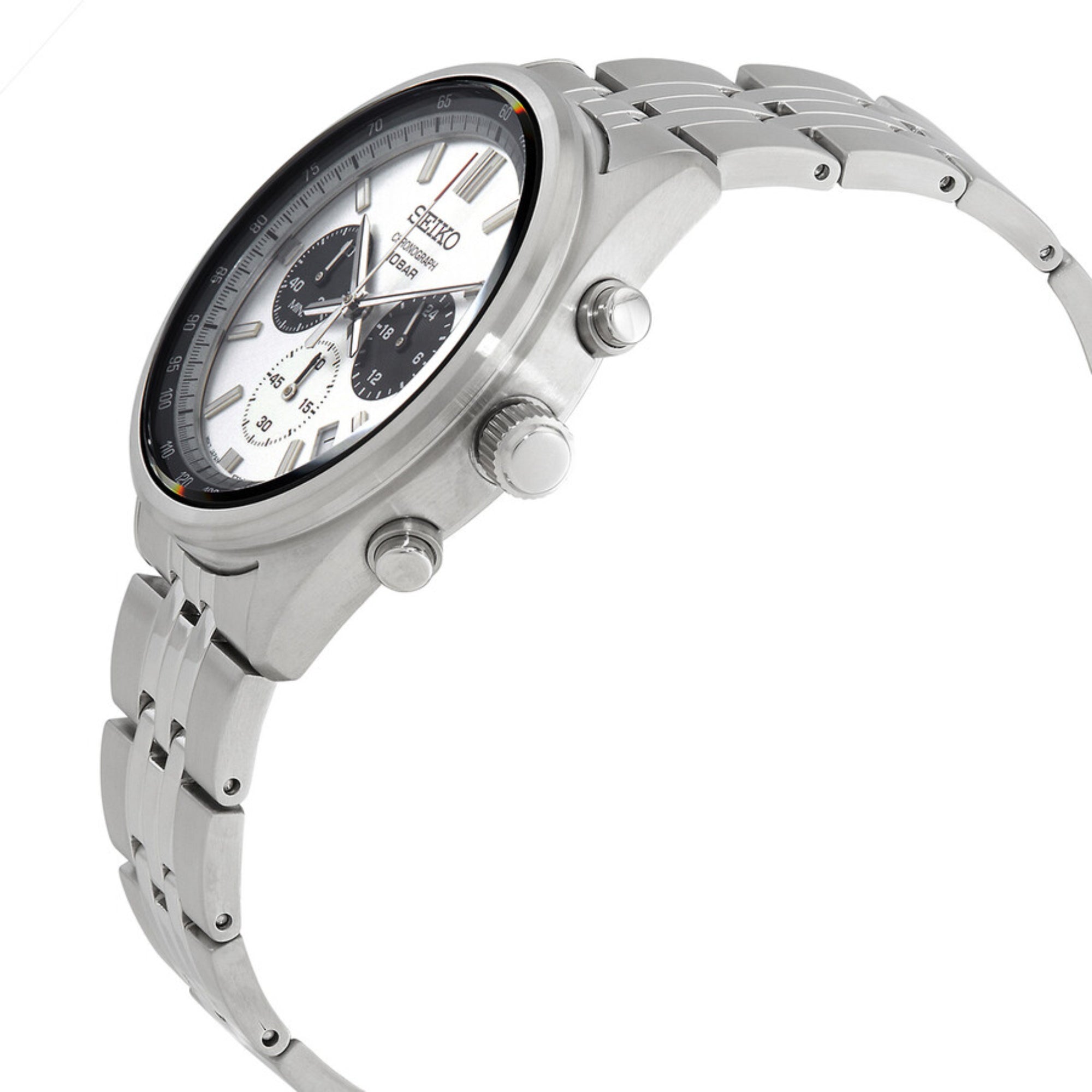 Seiko Essentials SSB425P1 Chronograph Panda Dial with stainless steel bracelet side view