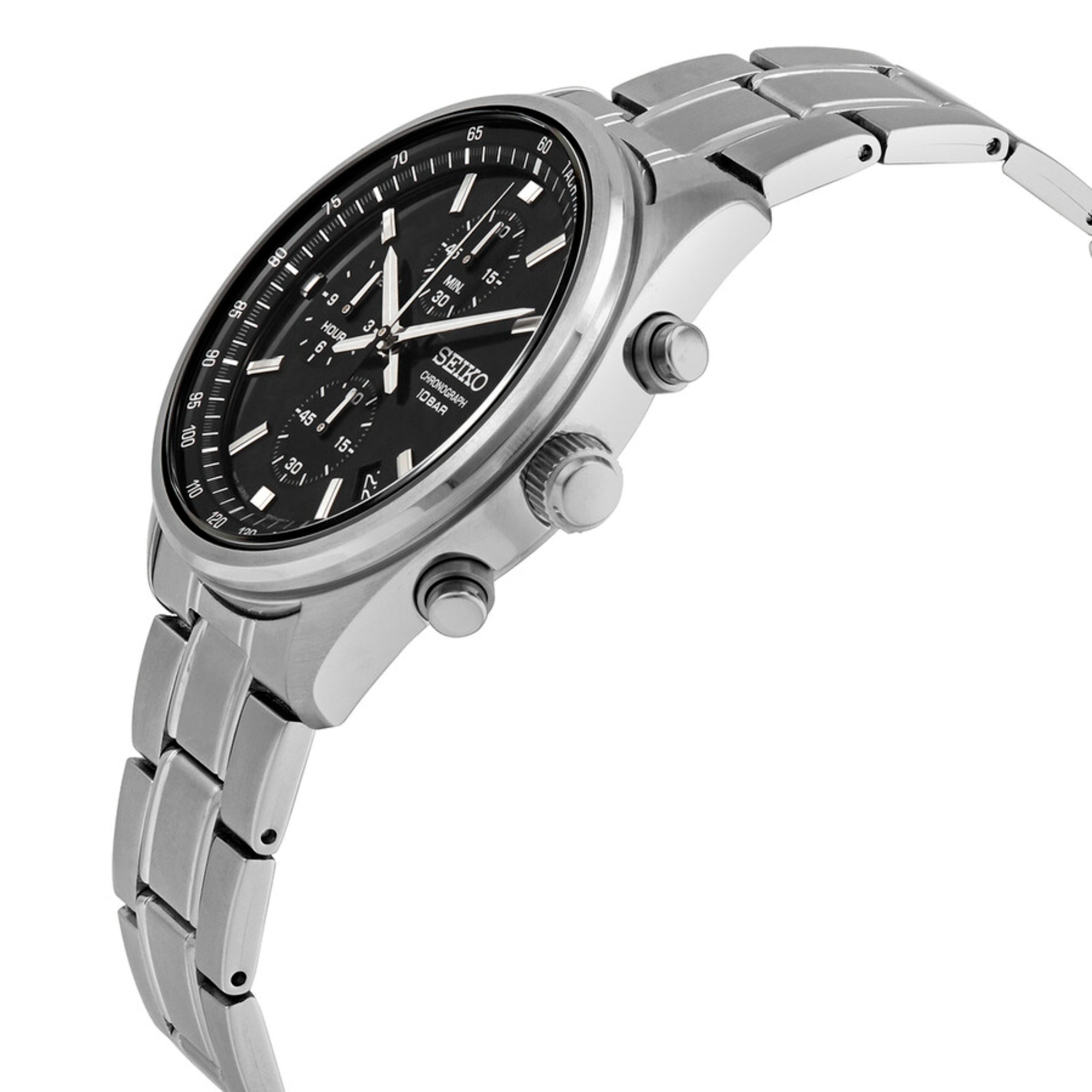 Seiko Essentials watch with black dial and stainless case on a white background