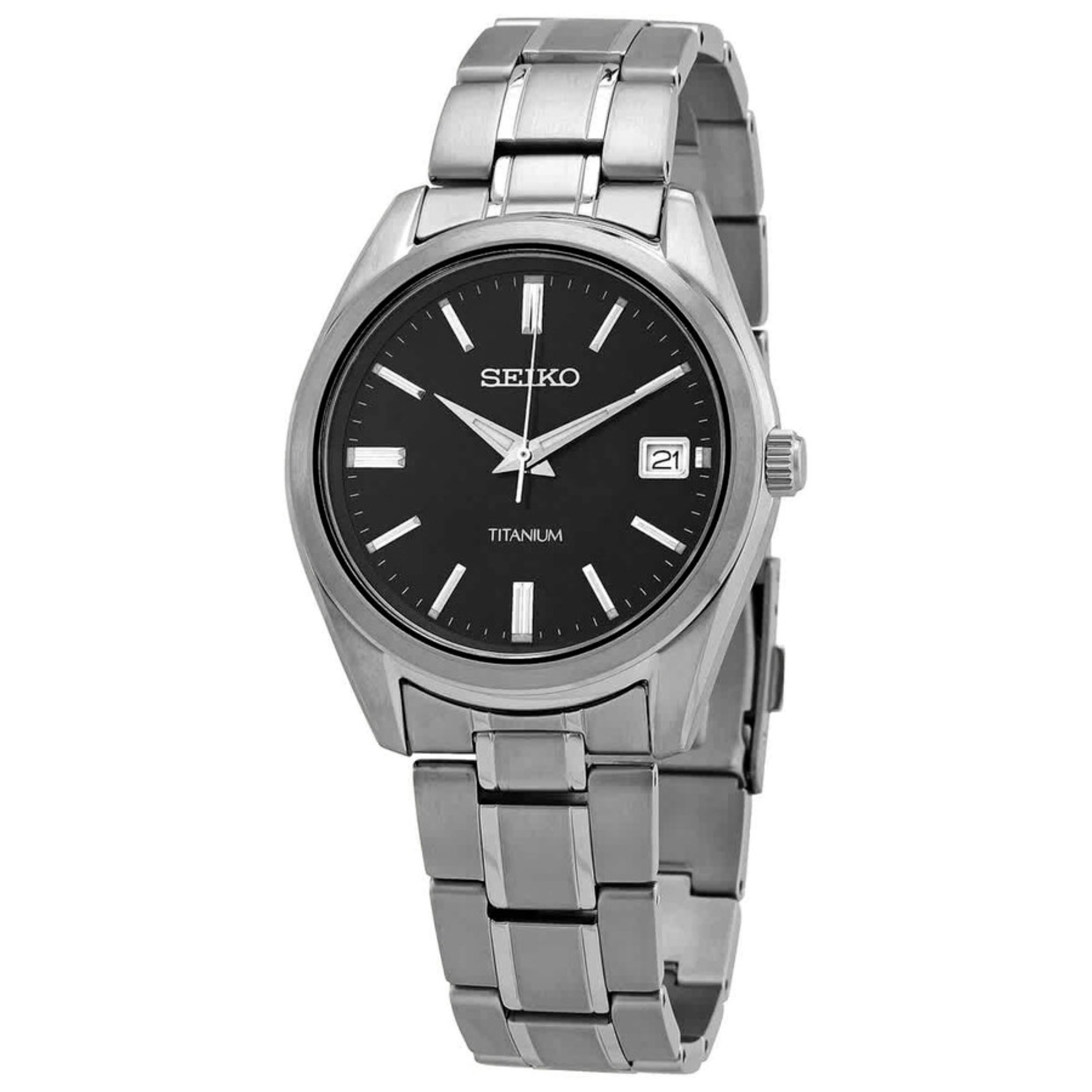 Seiko Essentials SUR375P1 watch with black dial and titanium bracelet on a white background