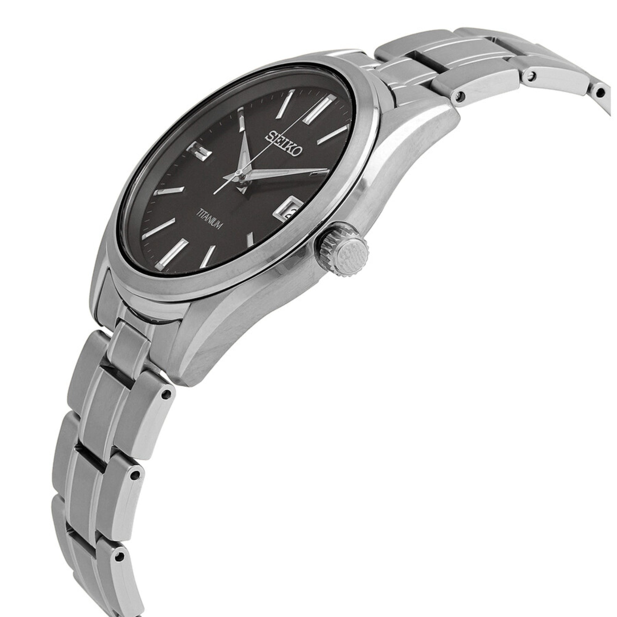 Seiko Essentials watch with black dial on a white background side view