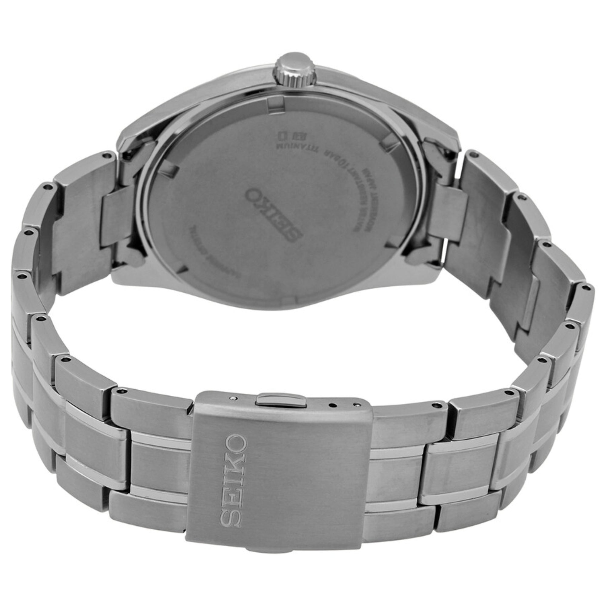 Seiko Essentials watch with a focus on the back of the case and bracelet.