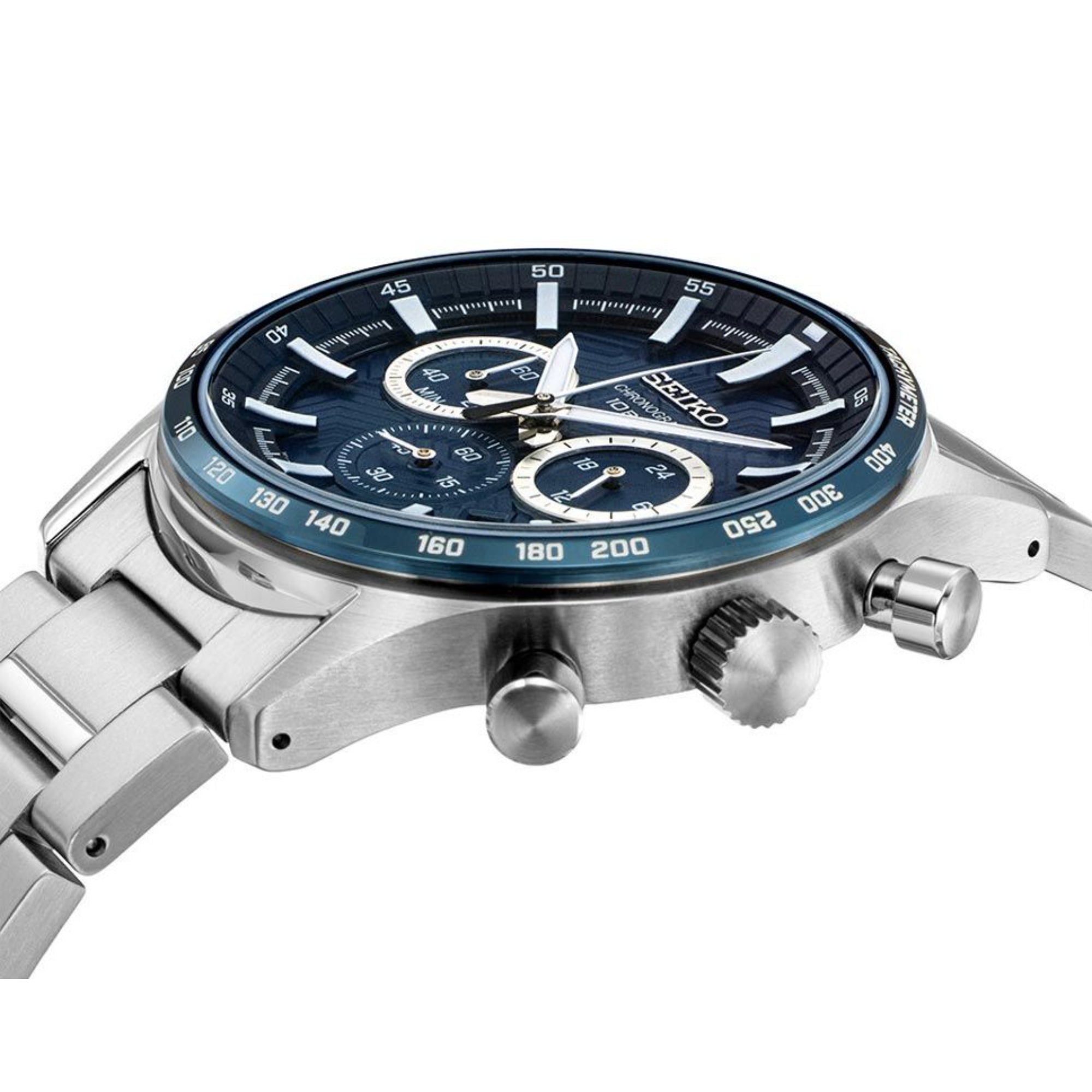 Top side view of Seiko SSB445P1 chronograph showing crown and blue bezel