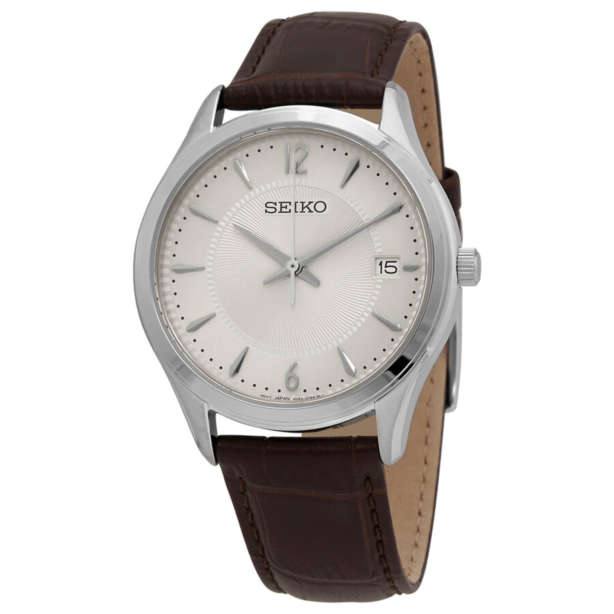 Seiko Essentials 39mm Ivory Dial Leather Mens Quartz Watch SUR421P1