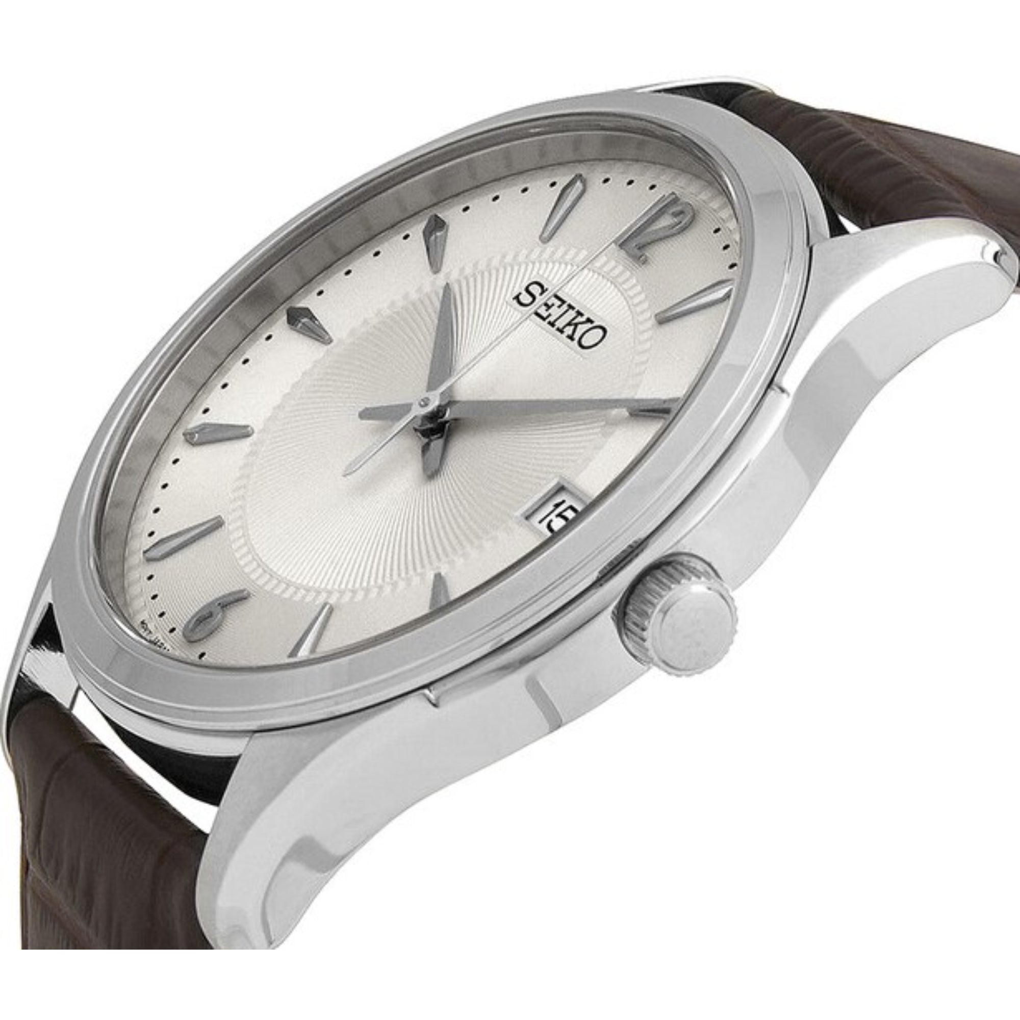 Seiko Essentials 39mm Ivory Dial Leather Mens Quartz Watch SUR421P1