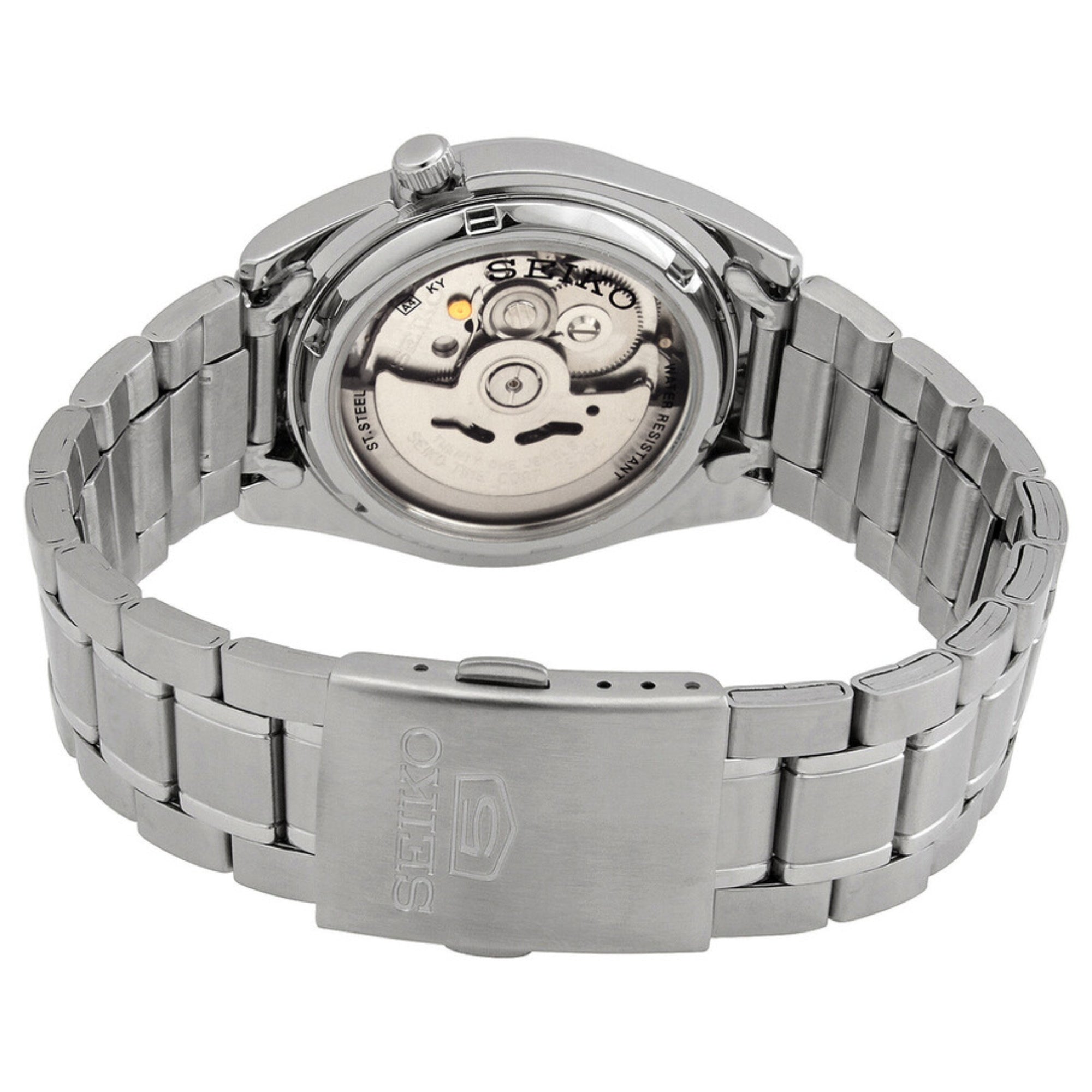 Seiko 5 SNKL45K1 38mm stainless steel case-back and bracelet on white background