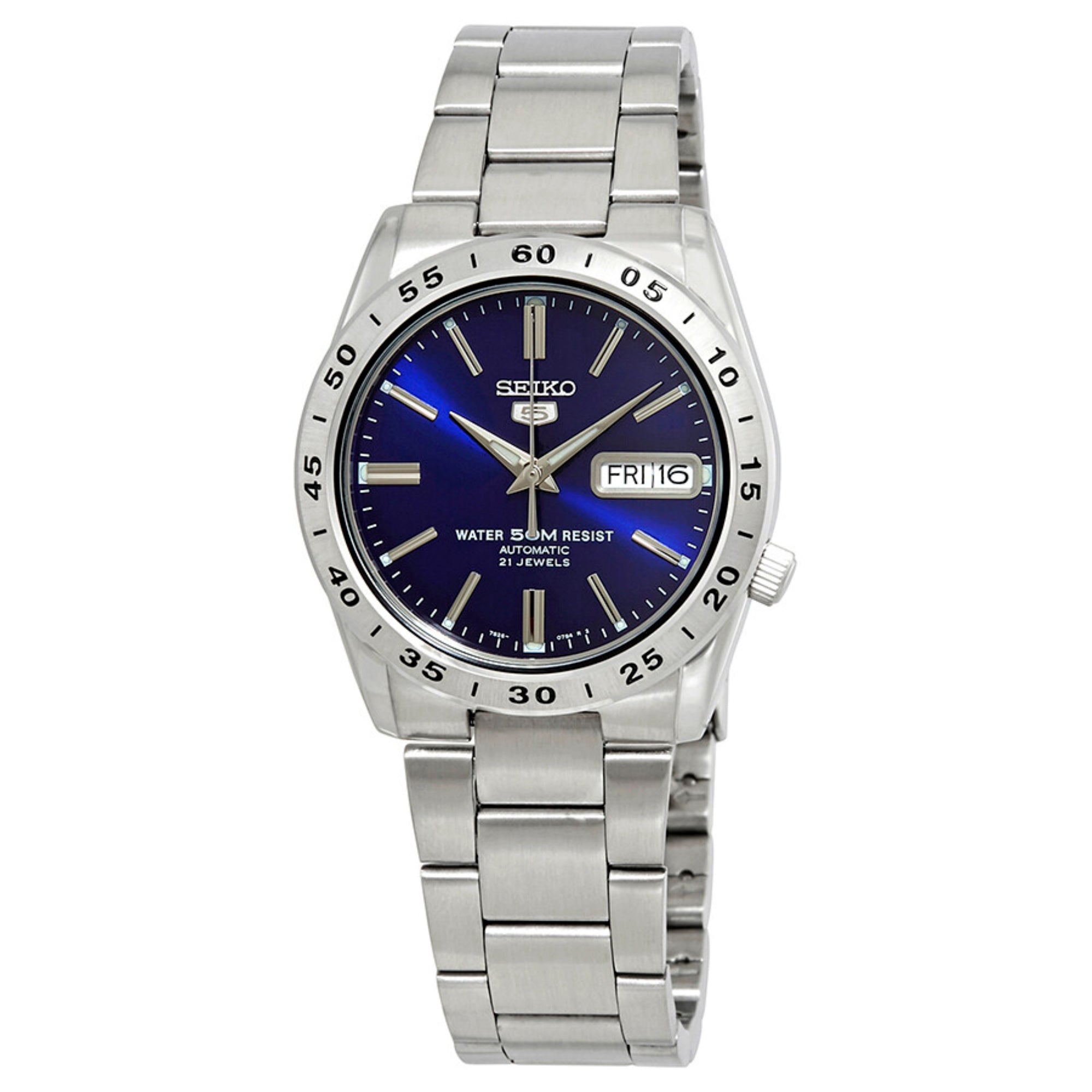 Seiko 5 SNKD99K1 stainless steel automatic watch with vibrant blue dial and date window showing Friday 16