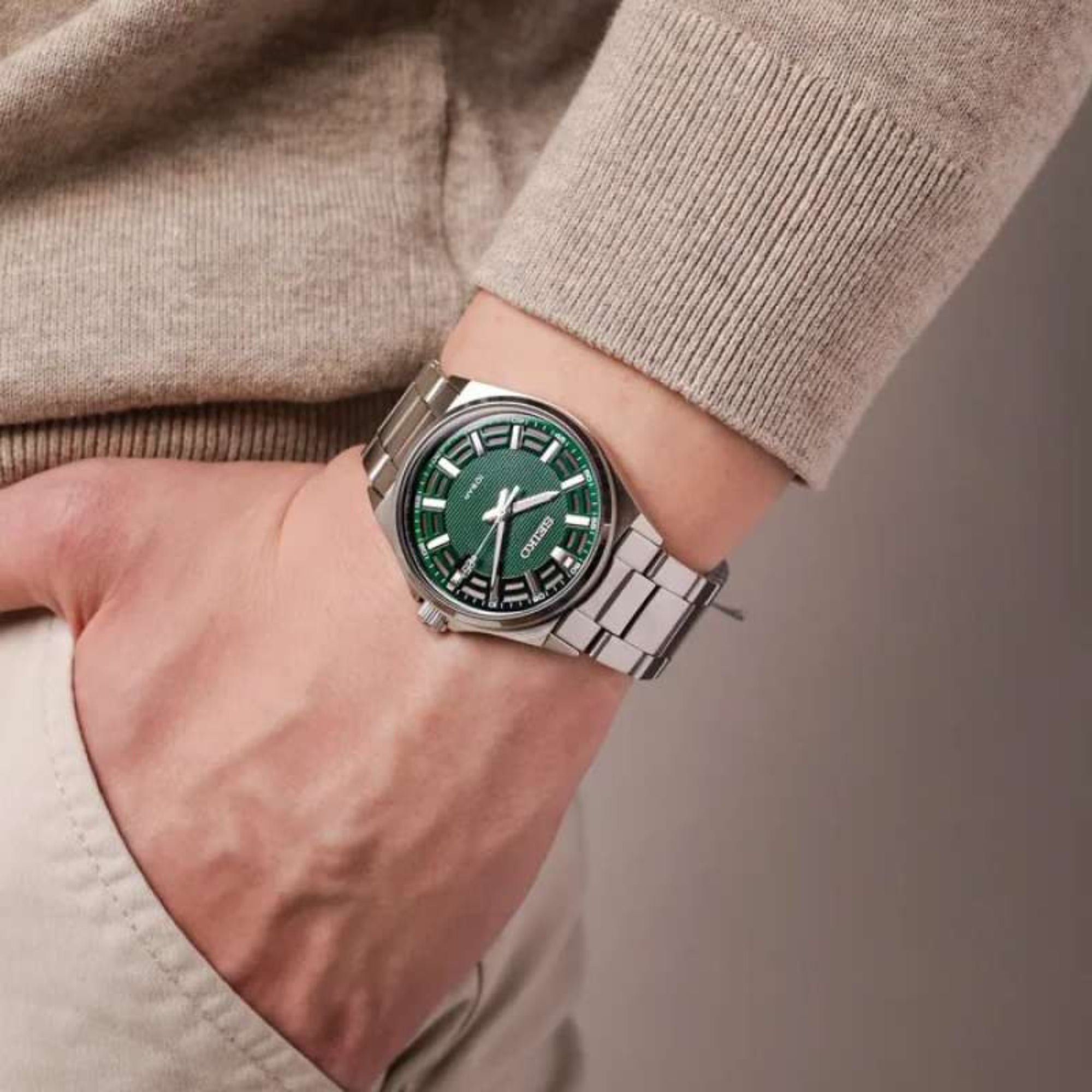 Seiko Conceptual Quartz Green Dial Steel Strap Men's Watch SUR503P1 - WatchNation