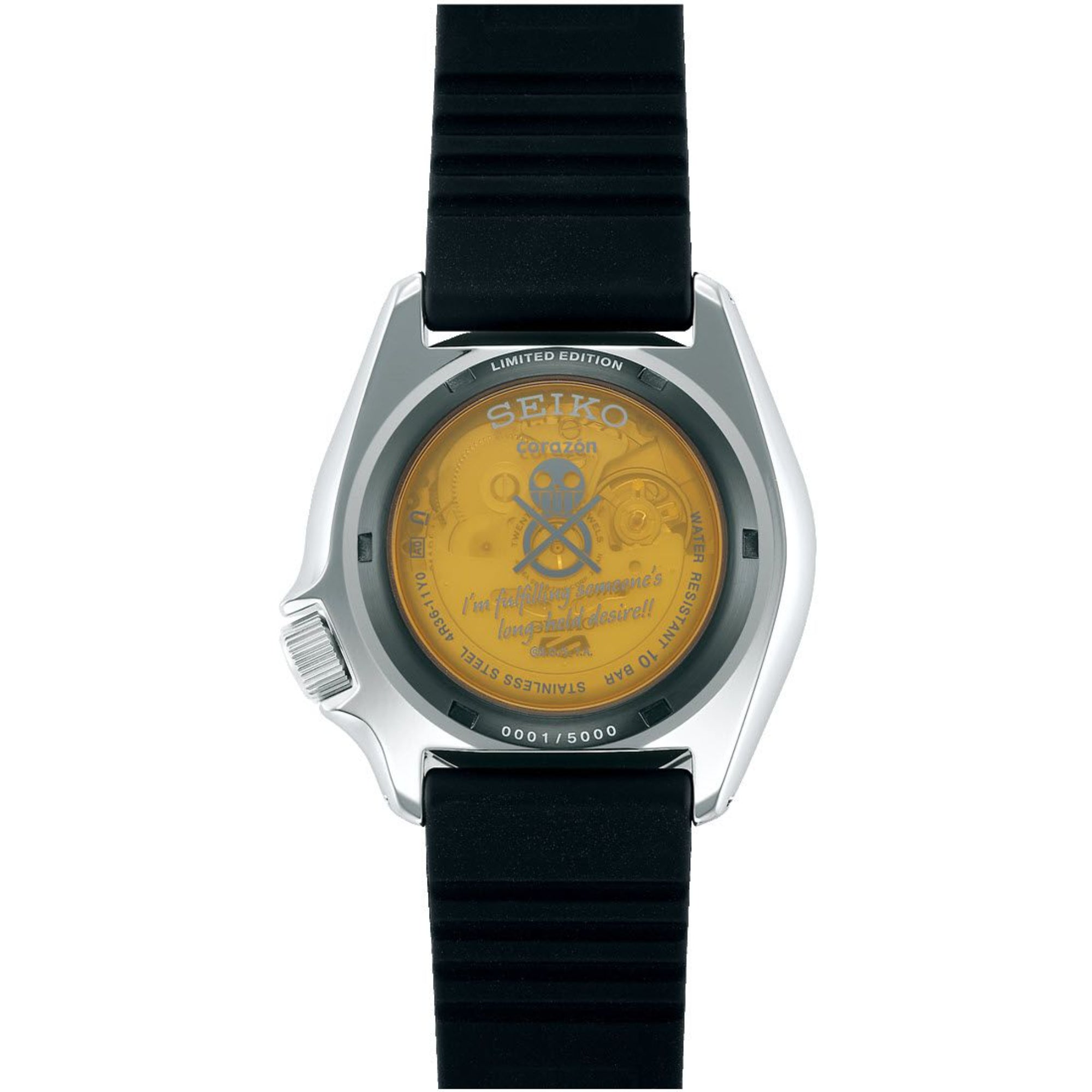 Seiko 5 Sports One Piece Trafalgar D. Water Law Automatik Weißes Zifferblatt Schwarzes Silikon Armband SRPH63K1