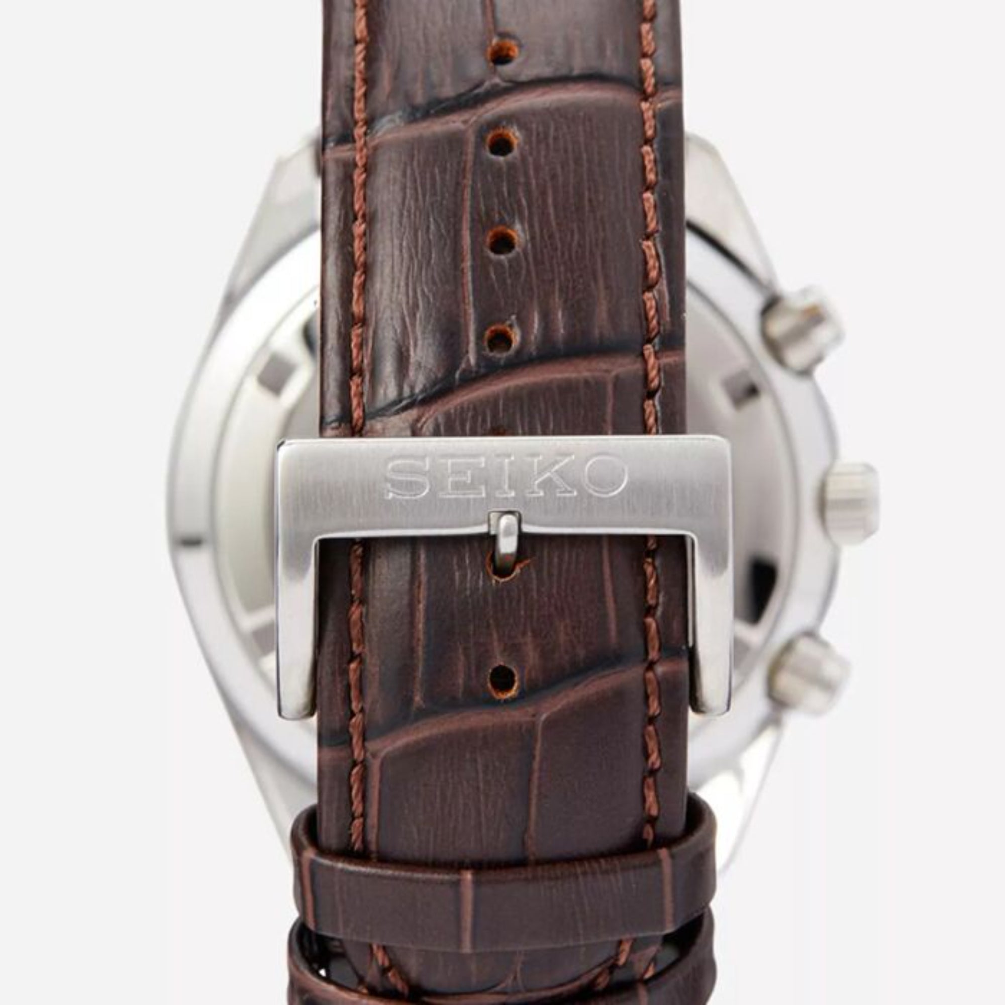 Seiko SSB385P1 chronograph watch brown leather strap with engraved SEIKO buckle