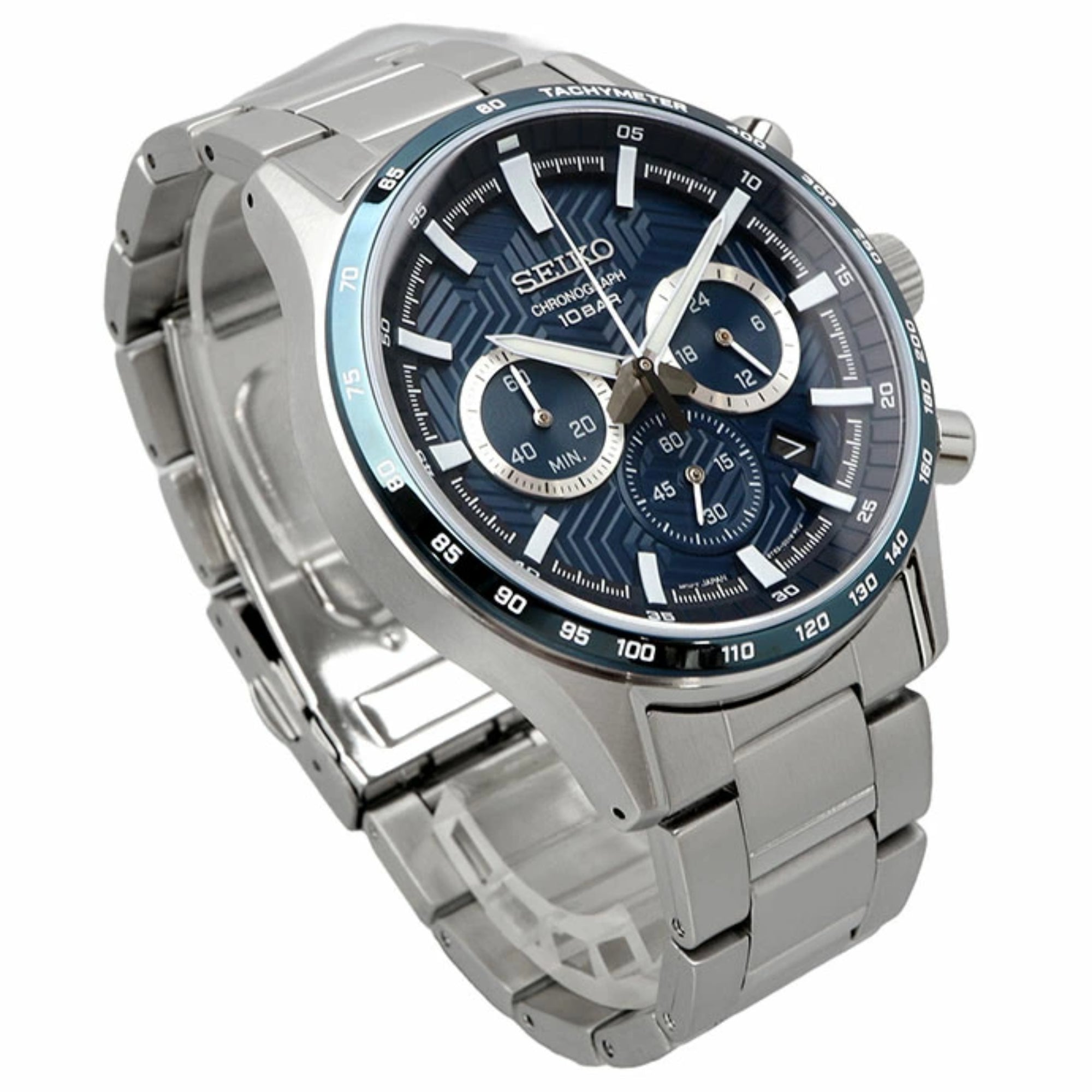 Rear angled view of Seiko SSB445P1 stainless steel case and bracelet on white background