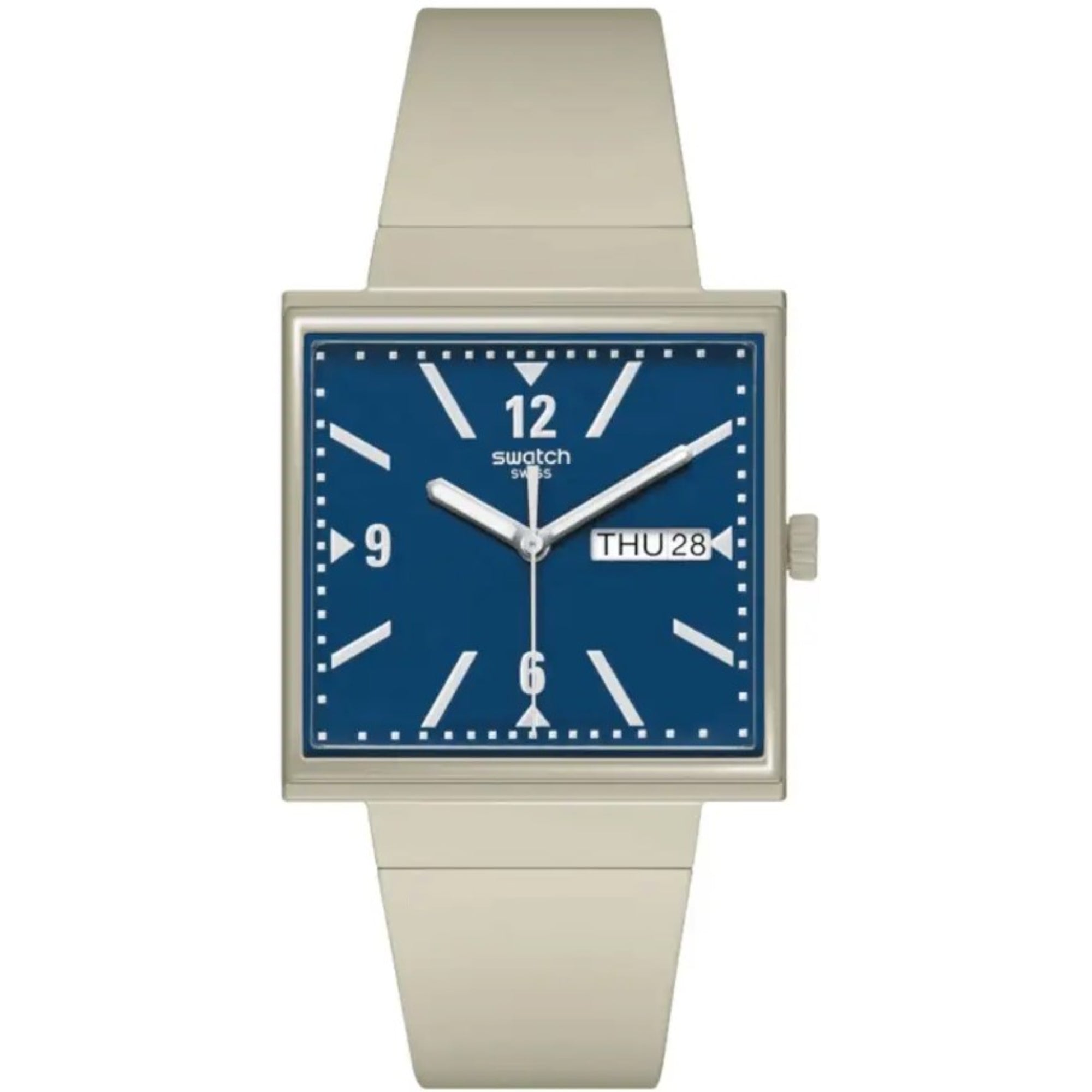 Swatch WAS WENN...BEIGE? Quadratische Biokeramik Blaues Zifferblatt Uhr SO34T700