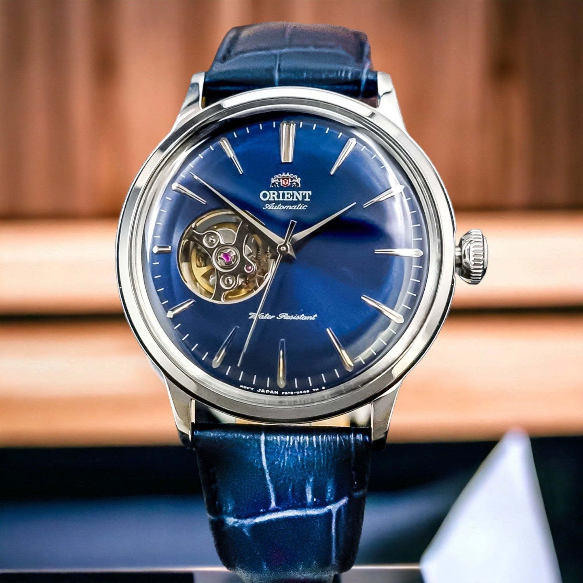 Orient Bambino 41mm Open Heart Blue Dial Leather Mens Automatic Watch RA-AG0005L10B