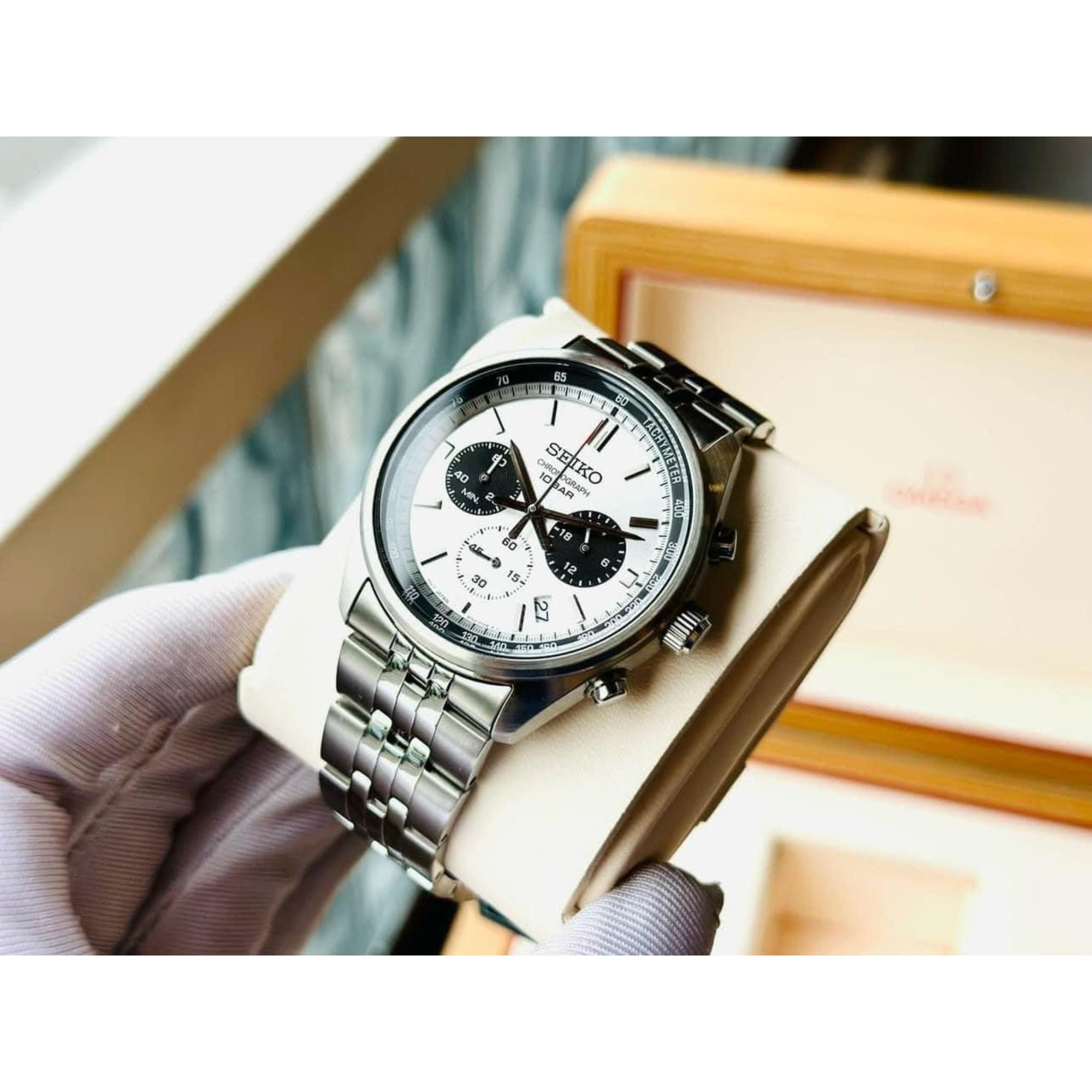 Seiko Essentials SSB425P1 white dial chronograph with black sub-dials and steel bracelet presented inside its official box