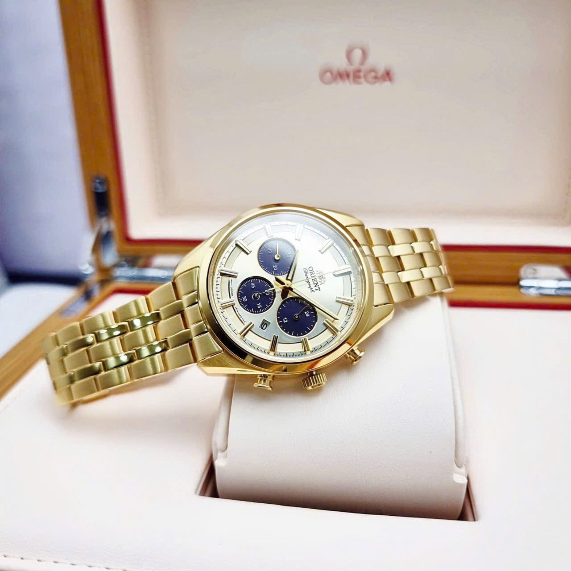 Orient Stretto 40mm Chronograph Champagne Dial Steel Mens Solar Watch RA-TX0301G10B