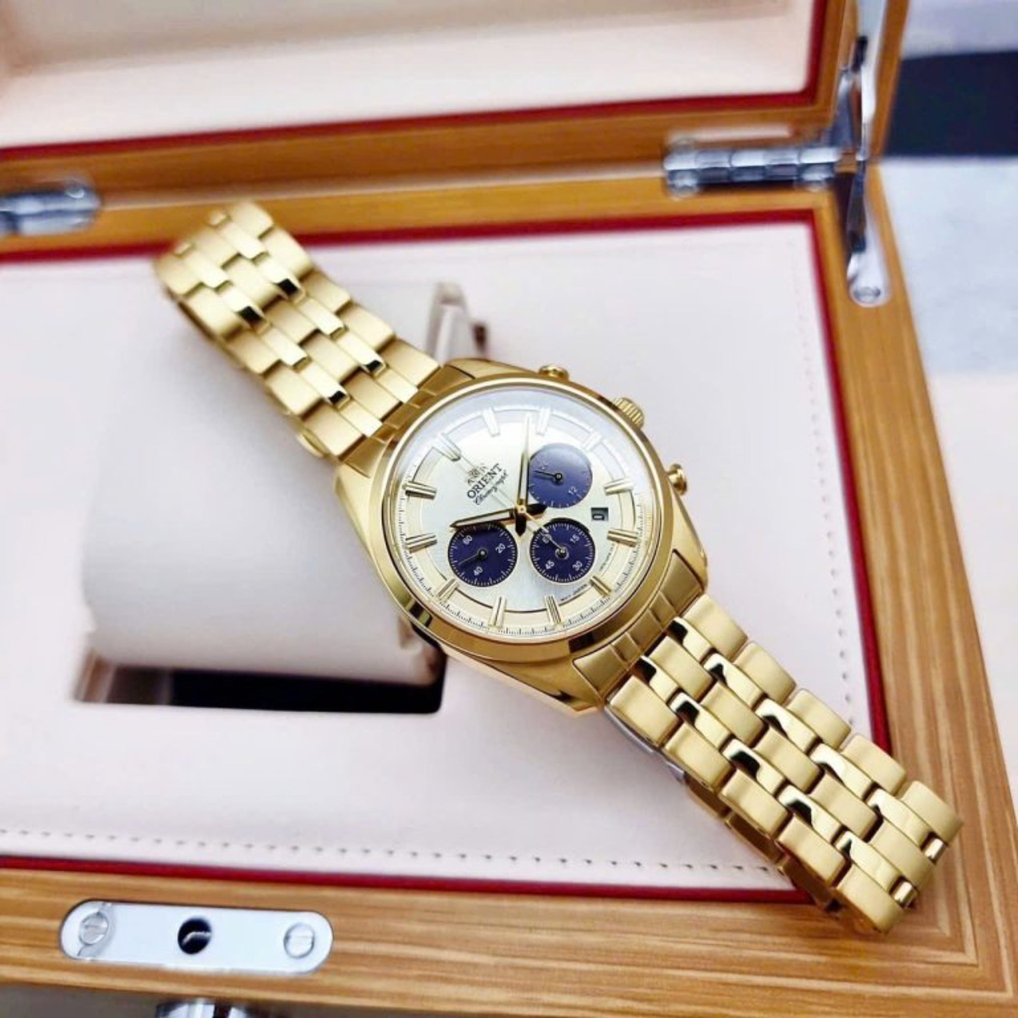 Orient Stretto 40mm Chronograph Champagne Dial Steel Mens Solar Watch RA-TX0301G10B