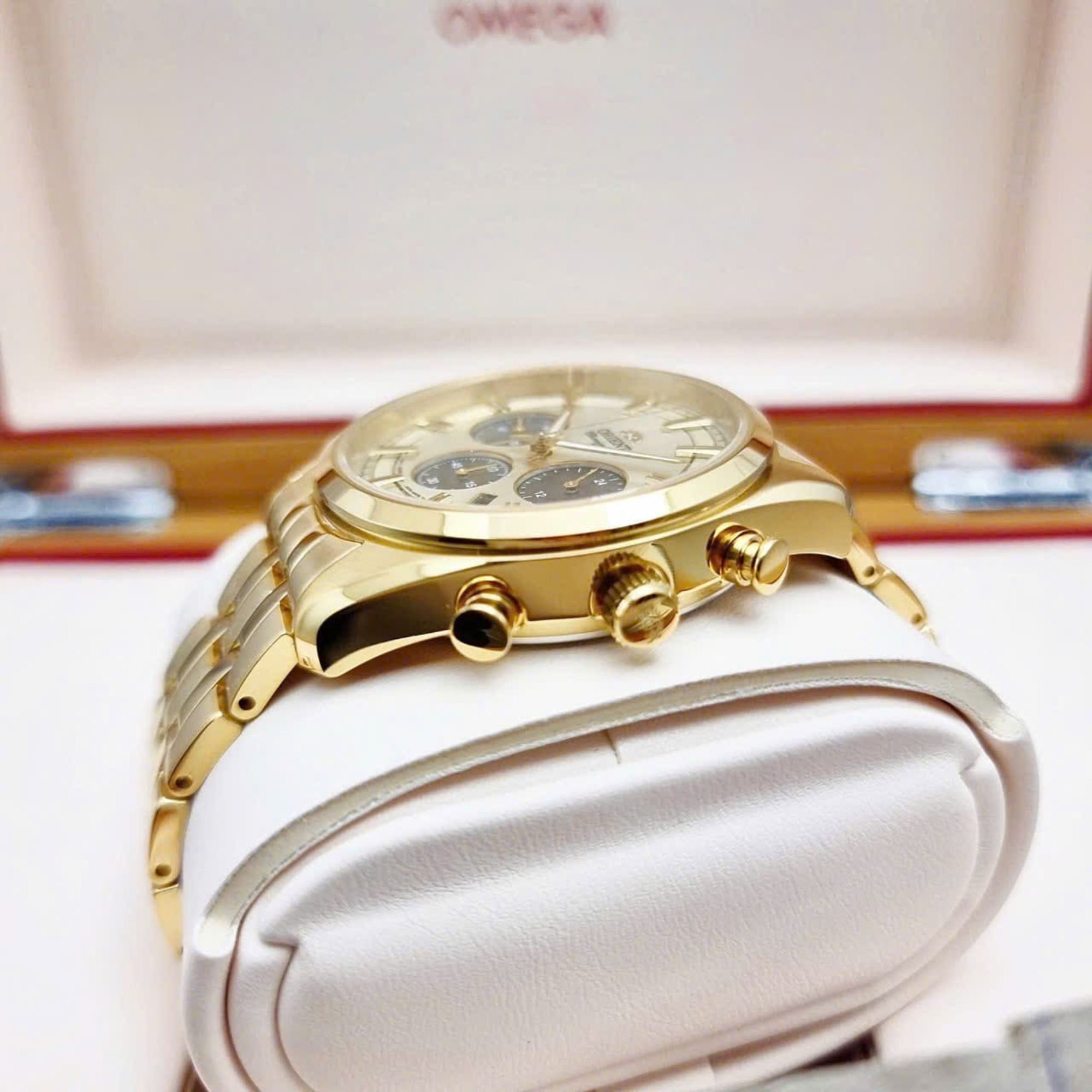Orient Stretto 40mm Chronograph Champagne Dial Steel Mens Solar Watch RA-TX0301G10B