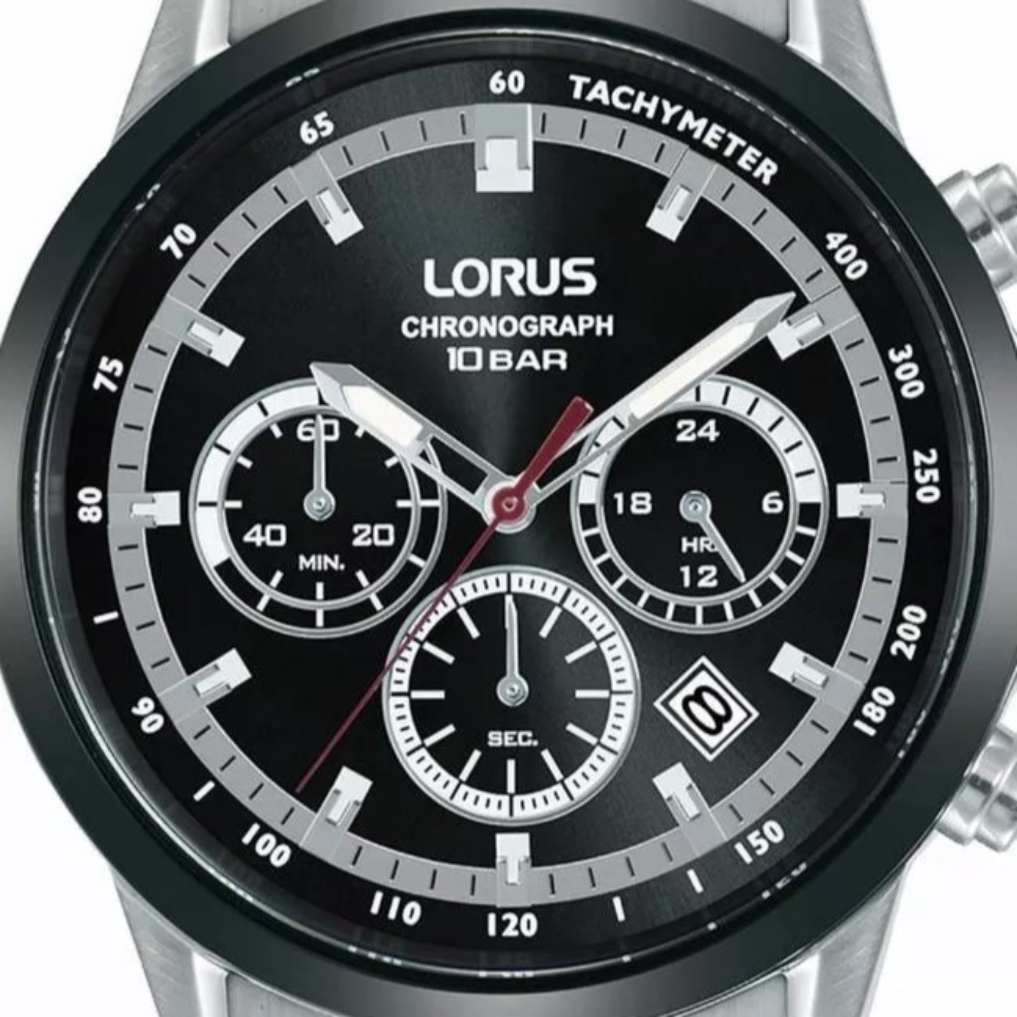 Lorus Sports Chronograph Quartz Black Dial Steel Strap Men's Watch RT397JX9