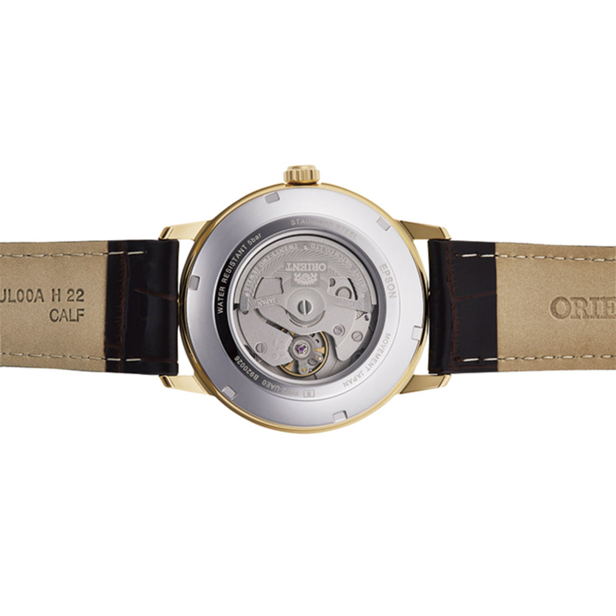 Exhibition caseback and brown leather strap of an Orient Symphony 42mm automatic watch