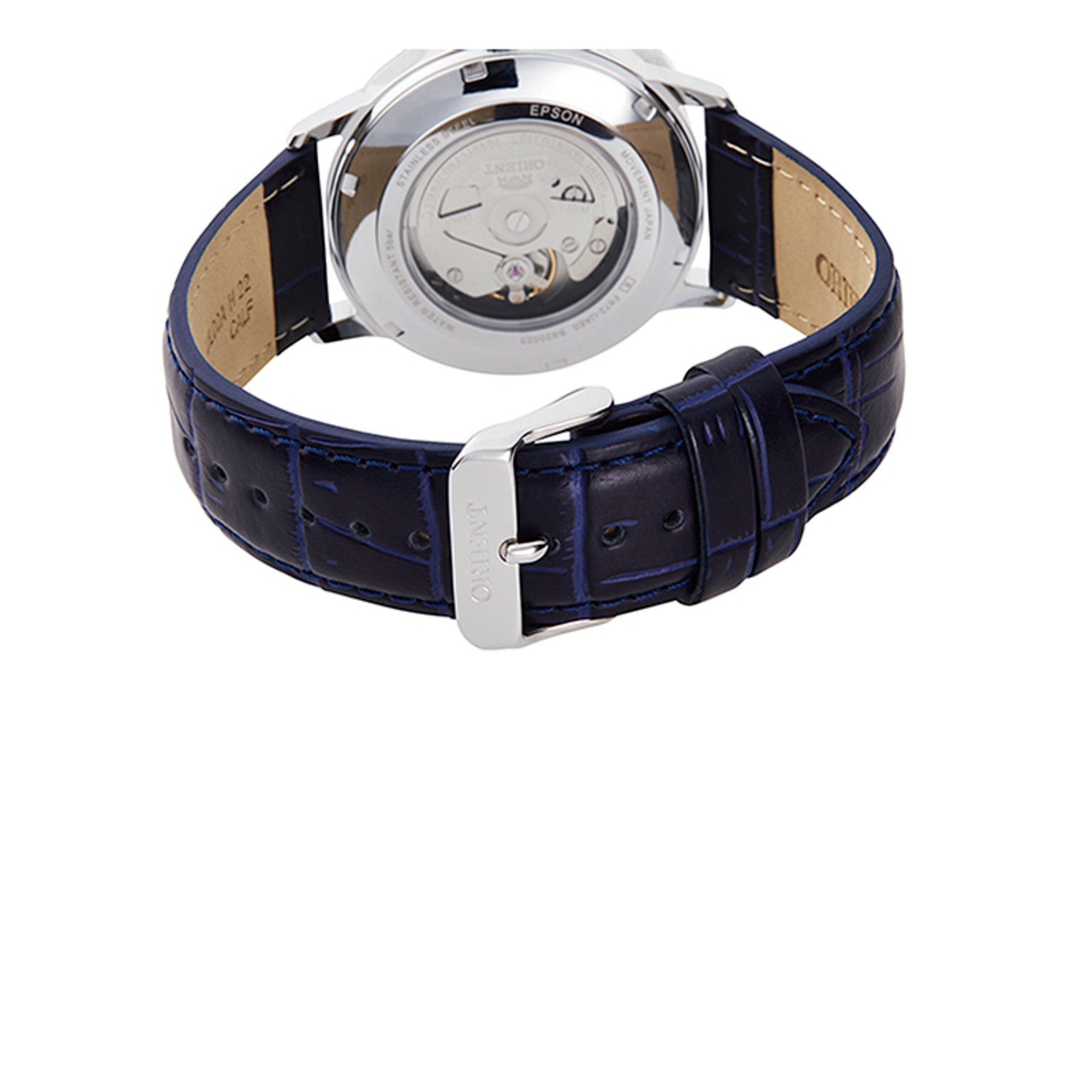 Exhibition caseback and blue leather strap of an Orient Contemporary 42mm automatic watch