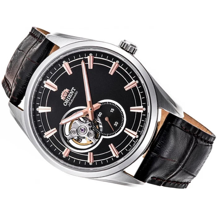 Orient Stretto 41 mm Semi Skeleton Schwarzes Zifferblatt Leder Herren Automatik Uhr RA-AR0005Y10B