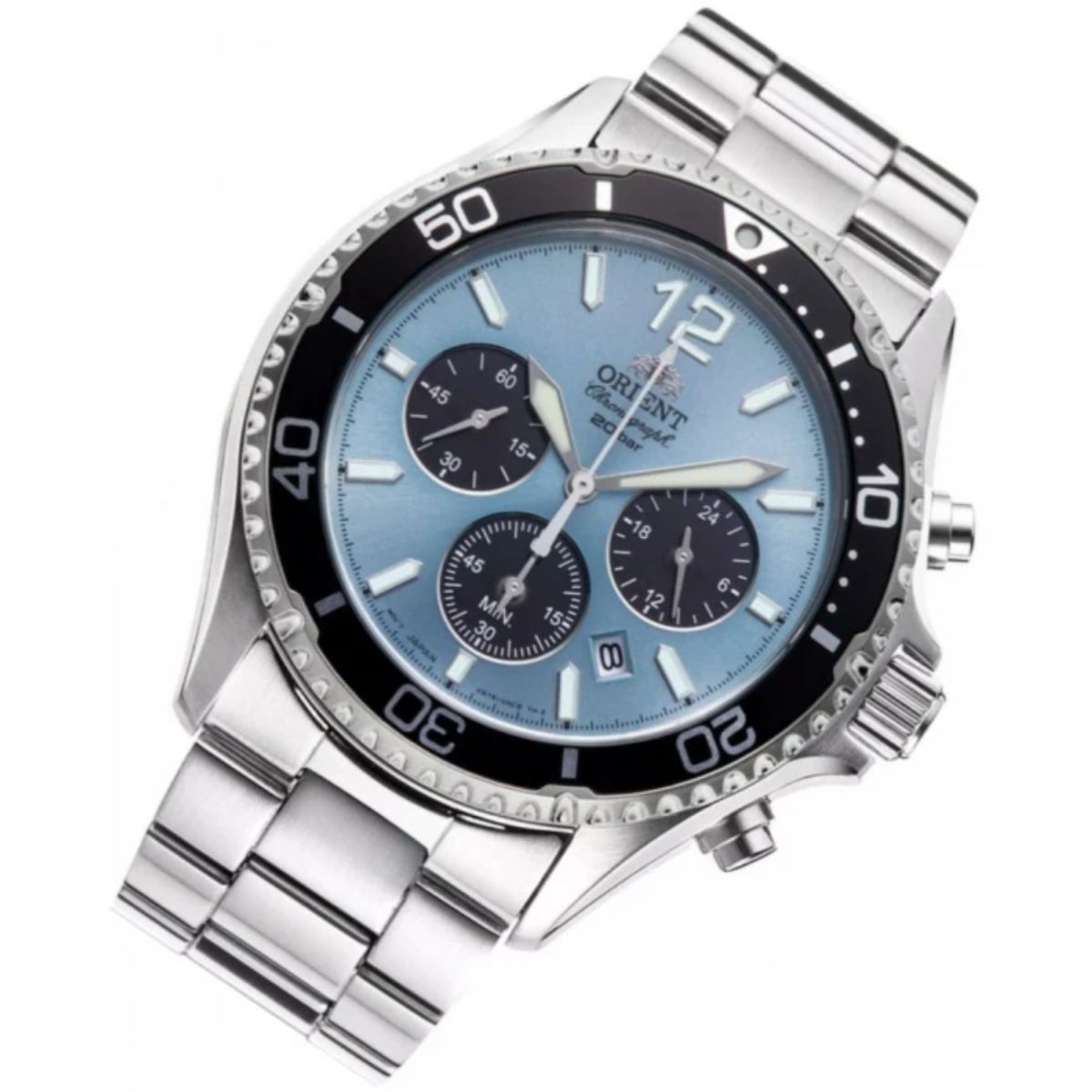 Orient Mako 43mm Chronograph Blaues Zifferblatt Stahl Herren Solar Uhr RA-TX0206L10B