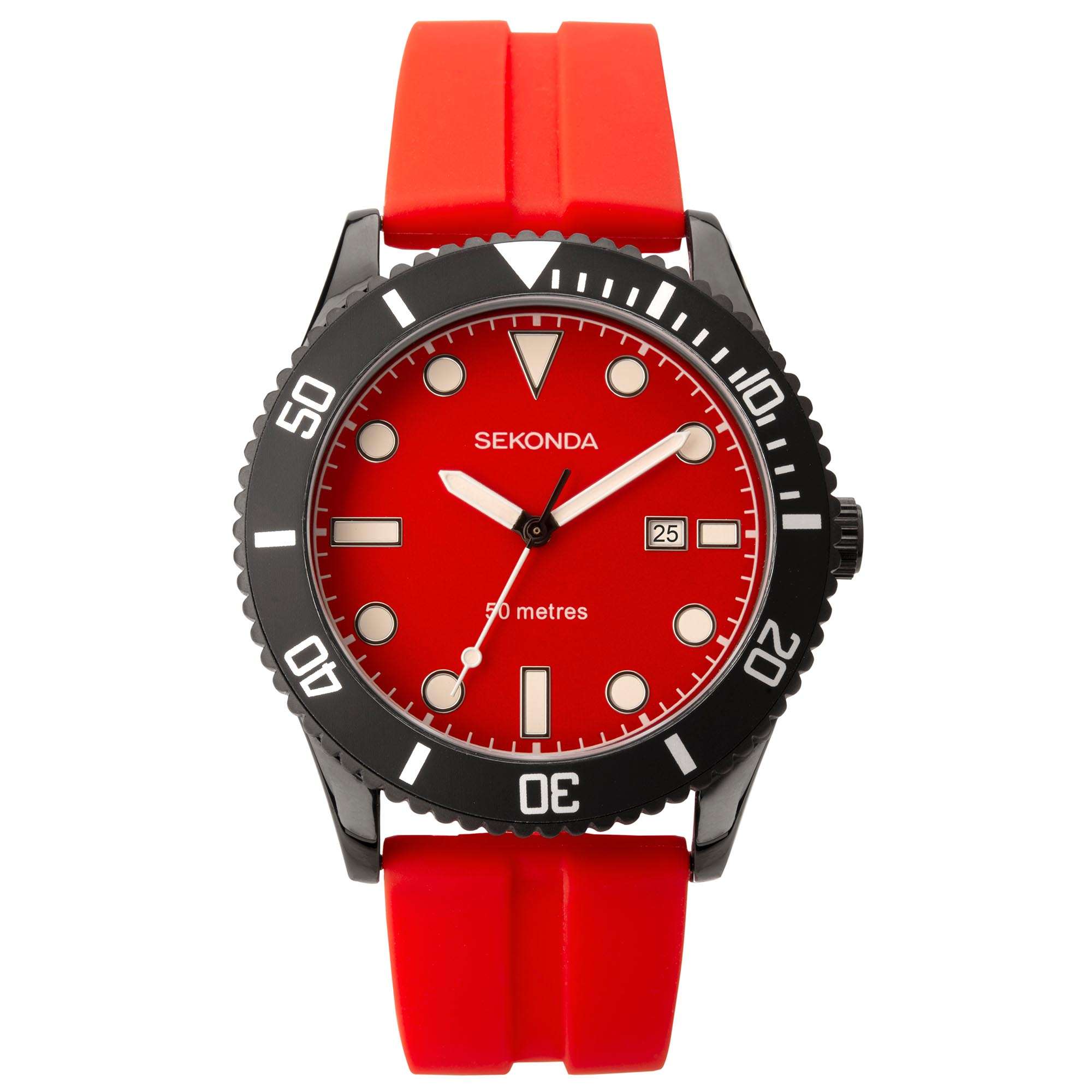 Sekonda Sports Quarz Rotes Zifferblatt Rotes Gummi Armband Herren Uhr 1985