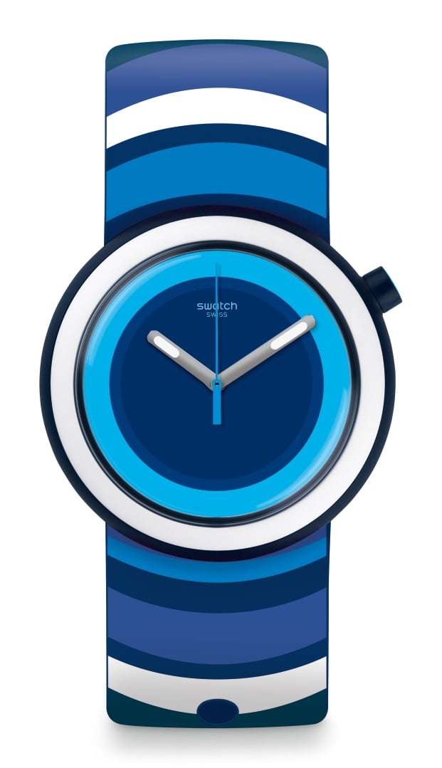 Swatch Popsplash Gehäuse Blau Weiß Navy Streifen Blaues Zifferblatt Herren Herbst Winter Uhr pnn104