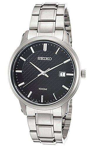 Seiko Edelstahl Herrenarmbanduhr mit schwarzem gemustertem Zifferblatt