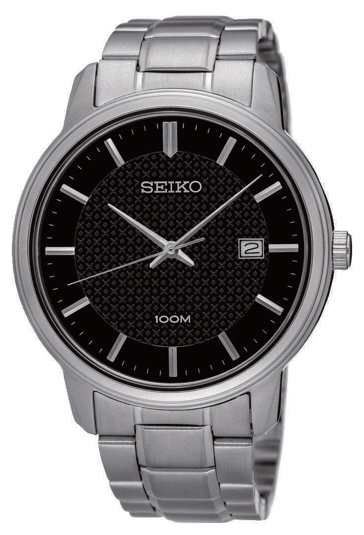 Seiko Edelstahl Herrenarmbanduhr mit schwarzem gemustertem Zifferblatt