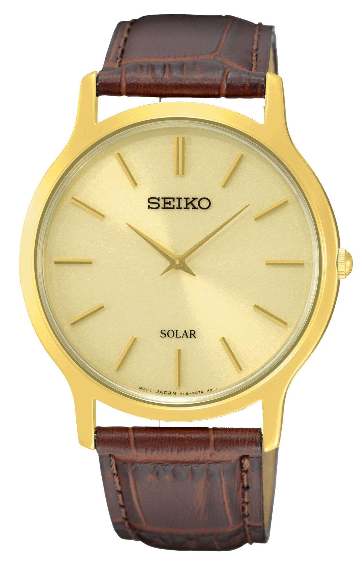Seiko Solar Brown Leather Strap Gold Dial Men's Watch SUP870P1 - WatchNation
