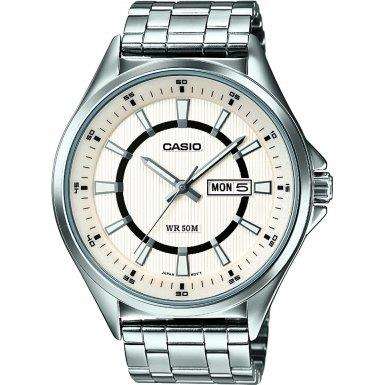 Casio Herren Quarz Uhr mit Silbernem Zifferblatt Analog - Digitalanzeige und Weißem Metallarmband MTPE108D-7AVEF