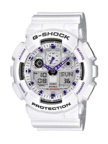 CASIO G-SHOCK Herren Quarz Uhr mit weißem Zifferblatt analog/digitalem Display und weißem Resin-Armband GA-100A-7AER