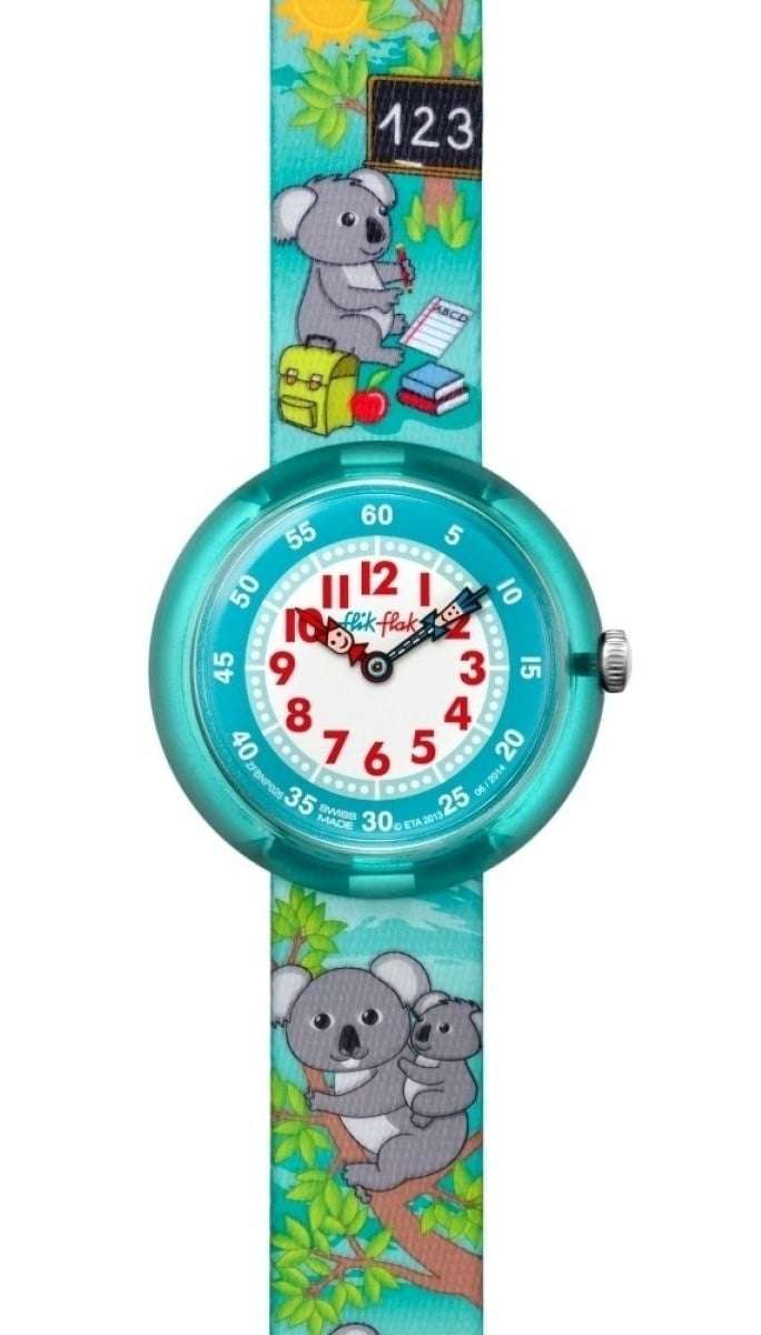 Flik Flak Koala in der Schule Blauer Kunststoffgehäuse Blauer Textilarmband Kinder Jungen Uhr FBNP026