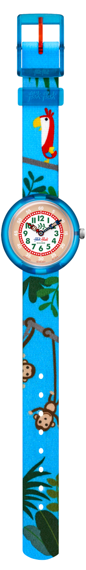 Flik Flak Amazoonia Blauer Textilarmband Grünes Kunststoffgehäuse Kinder Jungen Affen Uhr FBPN112 32mm