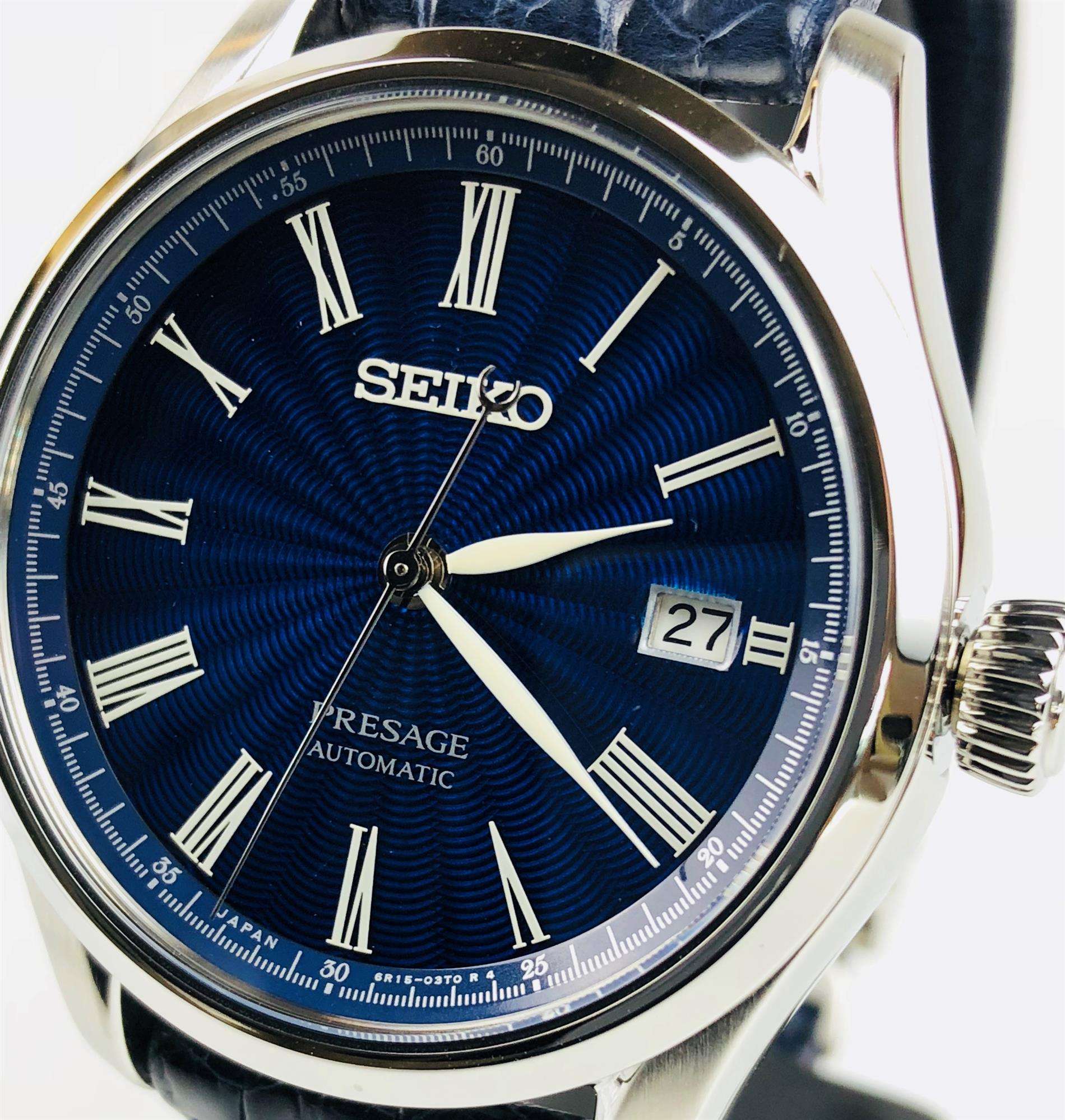 Seiko Presage The Shippo Enamel silbernes Stahlgehäuse, blauer Krokodillederarmband, limitierte Auflage, automatische blaue Zifferblatt Herren Uhr SPB075J1