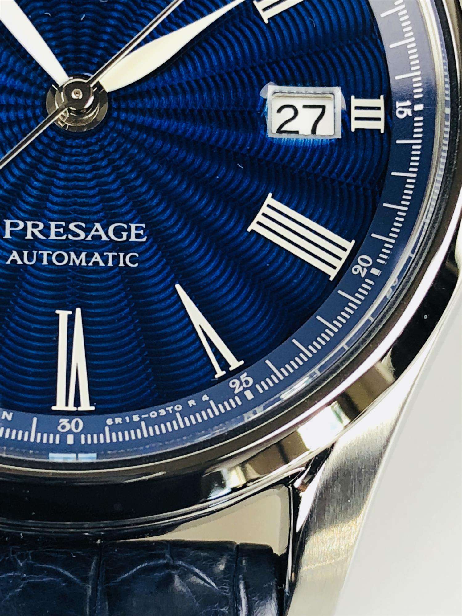 Seiko Presage The Shippo Enamel silbernes Stahlgehäuse, blauer Krokodillederarmband, limitierte Auflage, automatische blaue Zifferblatt Herren Uhr SPB075J1