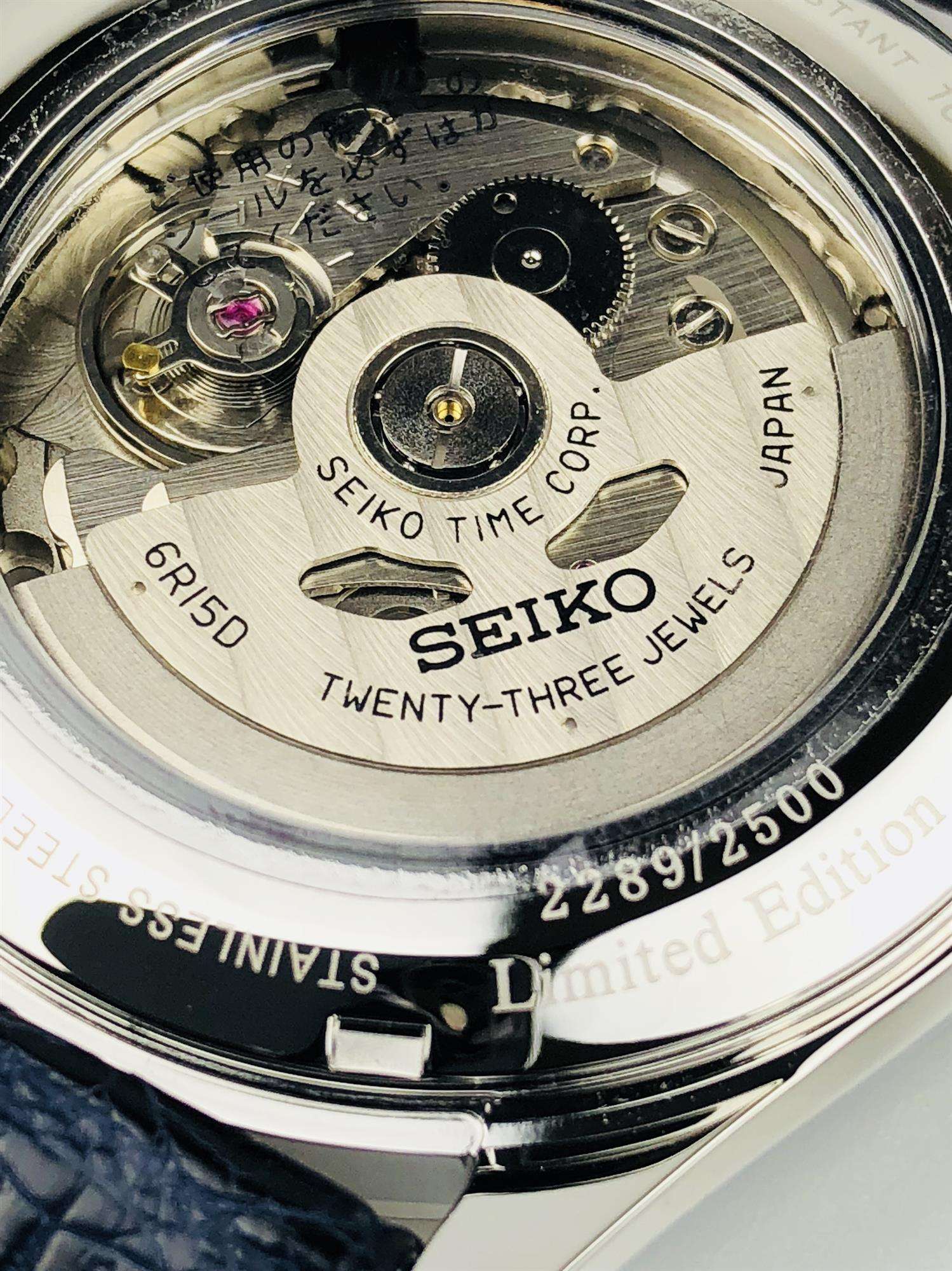 Seiko Presage The Shippo Enamel silbernes Stahlgehäuse, blauer Krokodillederarmband, limitierte Auflage, automatische blaue Zifferblatt Herren Uhr SPB075J1