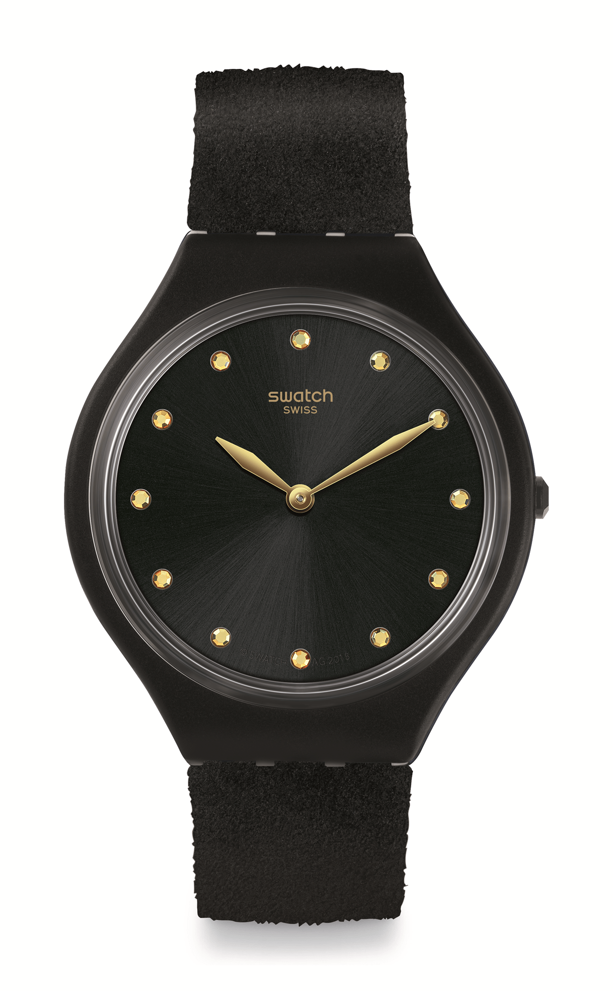 Swatch Skinora Gehäuse schwarzes Lederarmband schwarzes Zifferblatt Damen Uhr SVOB107