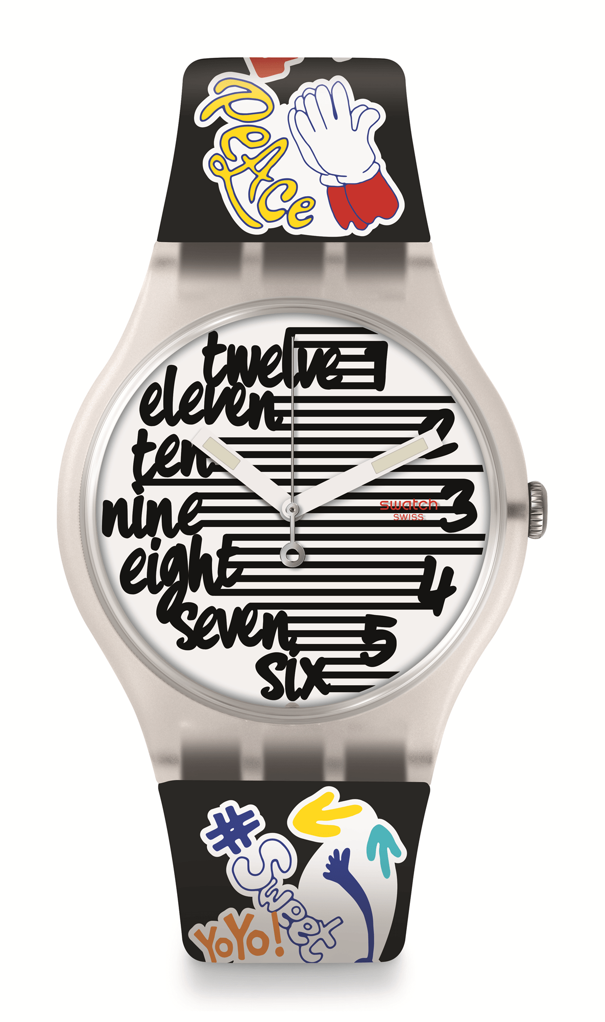 Swatch Streety weißes Kunststoffgehäuse schwarzes Silikonarmband weißes Zifferblatt Uhr SUOW157
