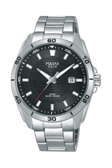 Pulsar silbernes Edelstahlgehäuse silbernes Edelstahlarmband schwarzes Zifferblatt Herren Uhr px3151x1