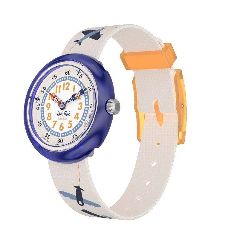 Flik Flak Loopiloop Brauner Flugzeugbedruckter Armband Kinderuhr FBNP122